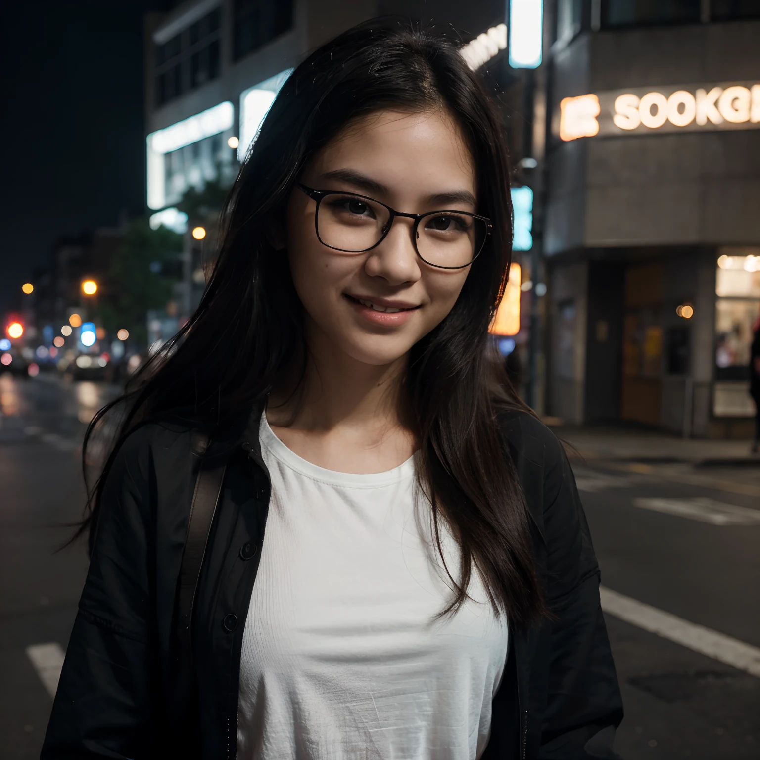 Very young female, half chinese, small slit-eyed, glasses, black hair, flawless white skin, long hair, photorealistic, best quality, hyper detailed, middle school student, beautiful woman, selfie photo, upper body, solo, wearing black clothes, smiling at city street, midnight photo, without makeup, school, looking at viewer, skin texture, film grain, close up, ultra high res, best shadow, RAW, instagram LUT