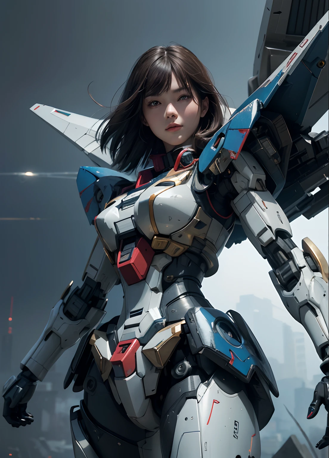 Textured skin, Super Detail, high details, High quality, Best Quality, hight resolution, 1080p, hard disk, Beautiful,(Gundam),beautiful cyborg woman,Mecha Cyborg Girl,Battle Mode,Girl with a Mecha Body,She wears a futuristic Gundam mecha,Fulll body Shot