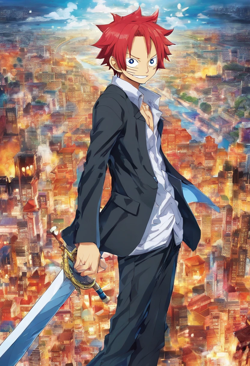 1 boy, (red hair), bright blue eyes, pointy ears, looking forwards, sword in hand pointed at camera, destroyed town in background, artsy, colorful, gritty, bloody, fully clothed, (closed checker pattern shirt), ((sharp eyes)), hero, sharp features, lanky, flat chin, long neck ((rigid hair)), (high quality), ((in the style of the anime One Piece by Eichiro Oda))