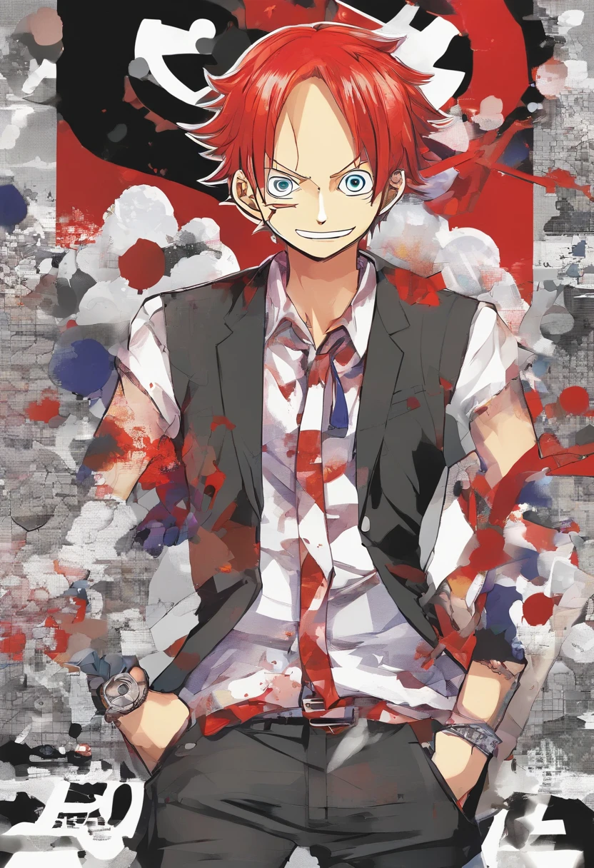 1 boy, (red hair), bright blue eyes, pointy ears, looking forwards, sword in hand pointed at camera, destroyed town in background, artsy, colorful, gritty, bloody, fully clothed, (closed checker pattern shirt), ((sharp eyes)), hero, sharp features, lanky, flat chin, long neck ((rigid hair)), (high quality), ((in the style of the anime One Piece by Eichiro Oda))