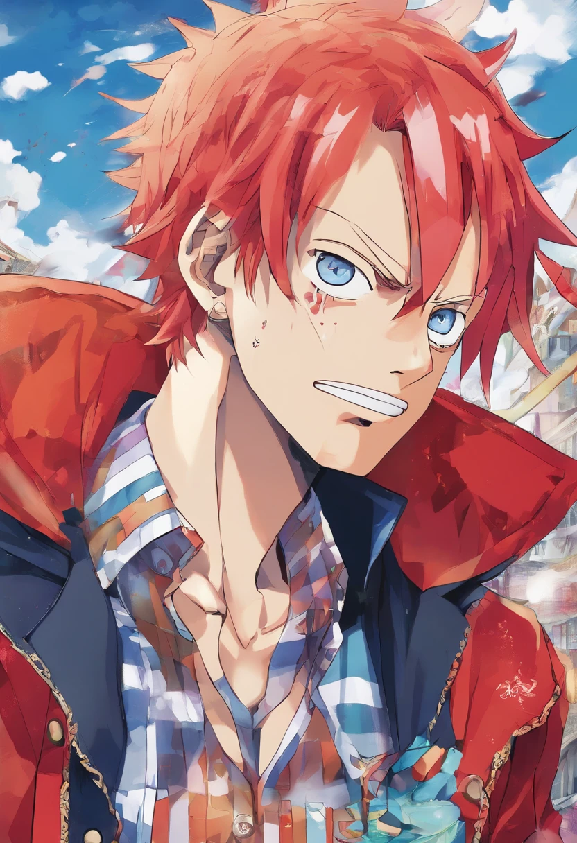 1 boy, (red hair), bright blue eyes, pointy ears, looking forwards, sword in hand pointed at camera, destroyed town in background, artsy, colorful, gritty, bloody, fully clothed, (closed checker pattern shirt), ((sharp eyes)), hero, sharp features, lanky, flat chin, long neck ((rigid hair)), (high quality), ((in the style of the anime One Piece by Eichiro Oda))