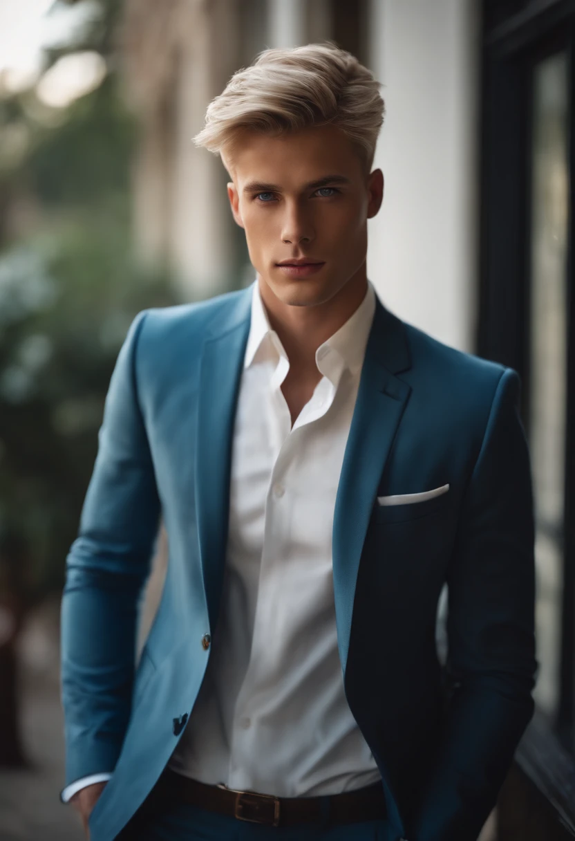 Man, looking forward, gray suit, white shirt, full body, short blond hair, and blue eyes, attractive male, handsome young man, and attractive, Characteristics, attractive man, attractive young man, Cool _ hairstyle, blond man, Slim man with fair skin, Young with long length, 8k