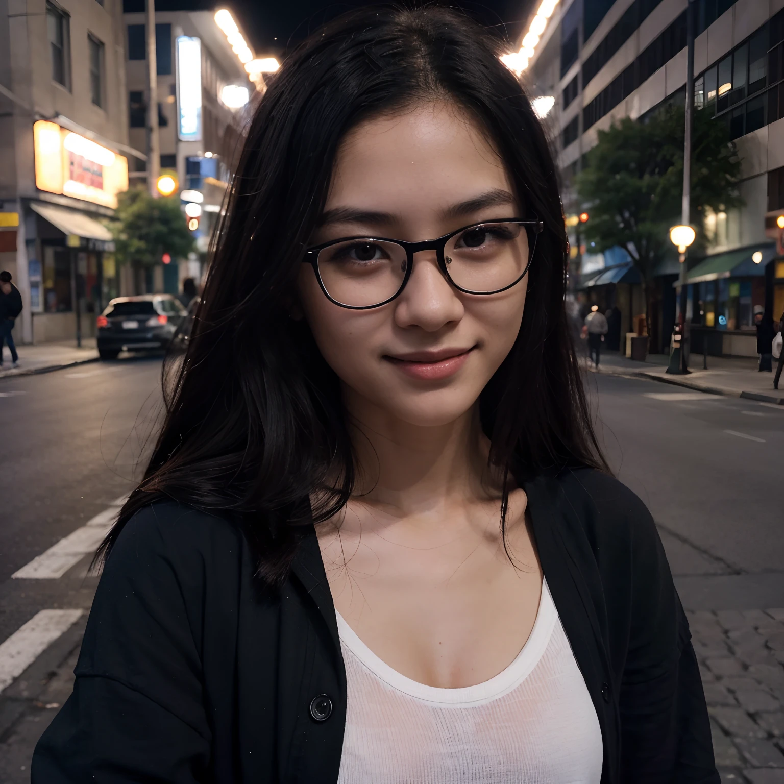 Very young female, half chinese, small slit-eyed, glasses, black hair, flawless white skin, long hair, photorealistic, best quality, hyper detailed, middle school student, beautiful woman, selfie photo, upper body, solo, wearing black clothes, smiling at city street, midnight photo, without makeup, school, looking at viewer, skin texture, film grain, close up, ultra high res, best shadow, RAW, instagram LUT