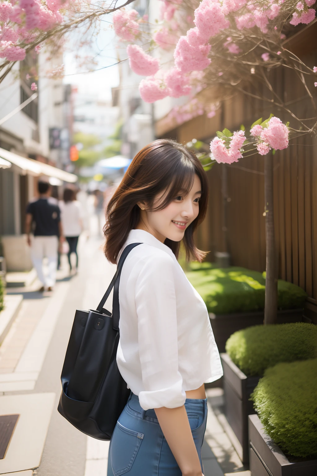 Foreground:1girll, Skinny linen pants, Skinny linen top, Sexy figure, Photo shoot from behind, review, ssmile, Medium Hair Flying, Background with:Japanese-style street, Both sides are full of flowers, low angle shot, hyperphotorealism, 电影灯光...
