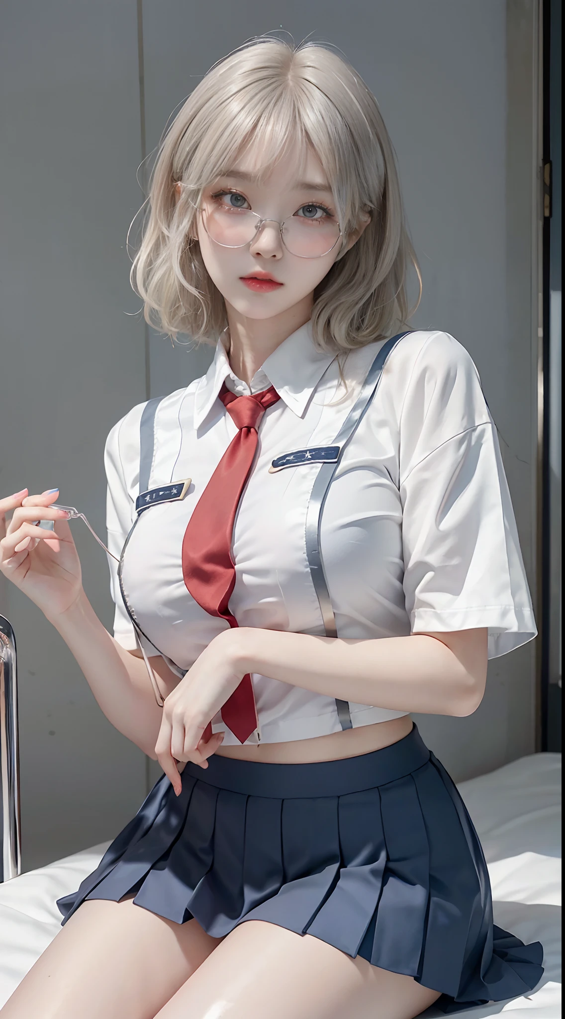 Top image quality、Raw photography、超A high resolution、18-year-old Korean、Glasses beauty、Colossal tits:1.6、Healthy complexion、shiny white skin、(short cut hair)、((bright silver hair、Bright blonde hair))、Beautiful eyes with random colors、very thin lips、beautiful eyes finely detailed、elongated eyes、pale pink blush、long eyeslashes、Beautiful double eyelids、eyeshadows、耳?????? Ring、Beautiful skin、Healthy skin、(Fashionable glasses、Beautiful legs、Attractive thighs)、((a sailor suit)),((Short sleeve uniform white shirt)),(red necktie),(Blue Mini Pleated Skirt)