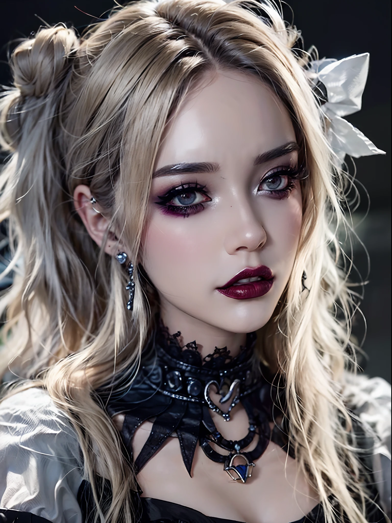 RAW photo, 1girl,South Korean idol ,  heart bun hair, HWmakeup, (Halloween costume:1.1), complex Halloween party background, (hdr, hyperdetailed:1.2),(photo: 1.3) af (realistic: 1.3), ((close-up))