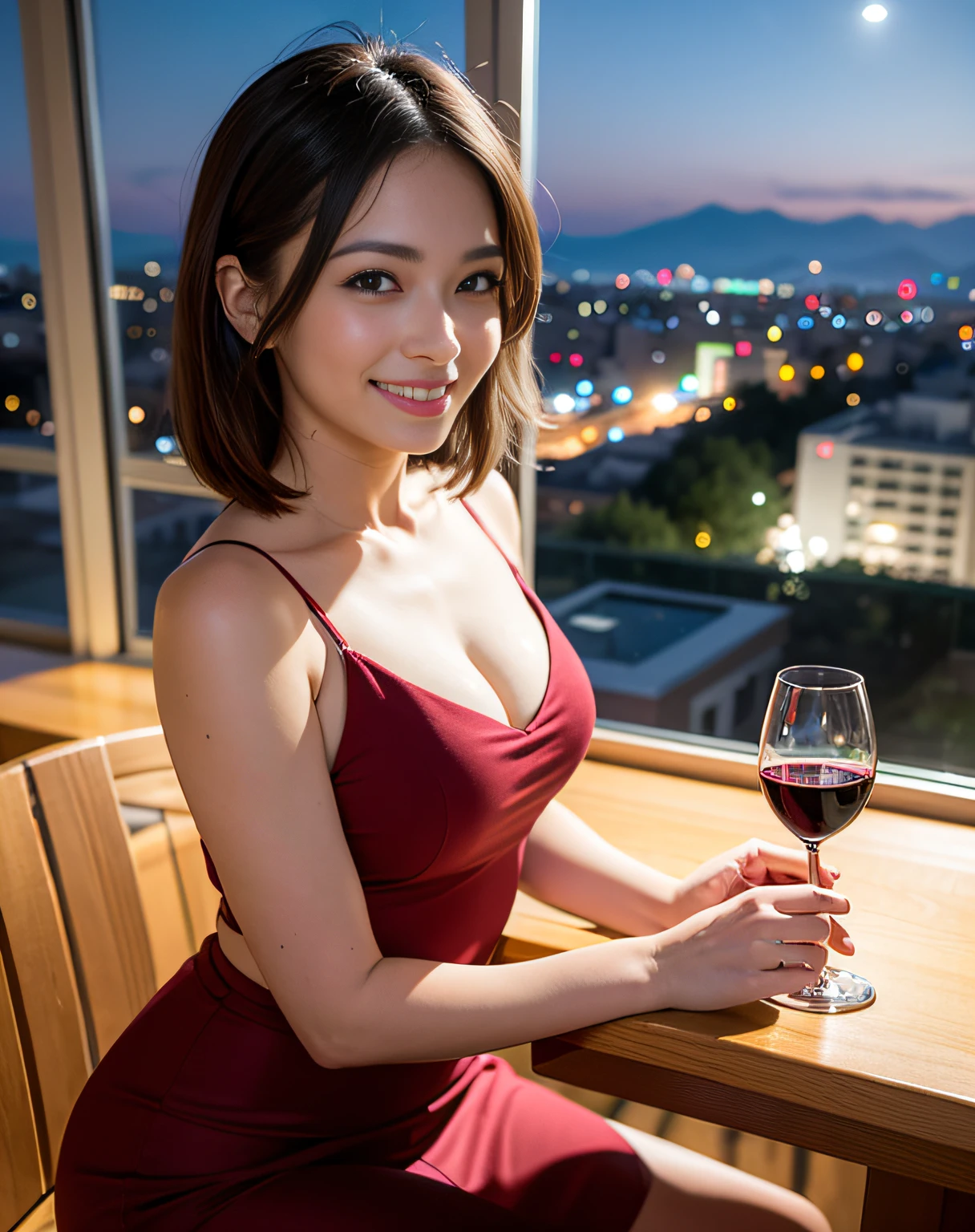 (64K, UHD, top quality, masterpiece: 1.2), (realistic, photorealistic: 1.37), super detailed, pretty woman 1 person, (slim face), (slim body), (brown hair), (short cut), cheeks slightly blushing, (44 years old), 38 years old, solo, beautiful detailed urban night view outside the window, restaurant, wine glasses sit, at night, in a prominent placeNovaFrogStyle, Actress, Model, Waist Up, White Wine, Slim, Wine Glass, Super Clean Night View, Wine Glass Put in the Middle, Happy Smile, (Smile: 1.15), Beautiful Fine Eyes, Upper Body, Bust Japan Up, Night, Short, Short, Actress, Model, Waist Up, White Wine, Slim, Wine Glass, Super Clean Night View, Wine Glass Put in the Middle, Happy Smile,