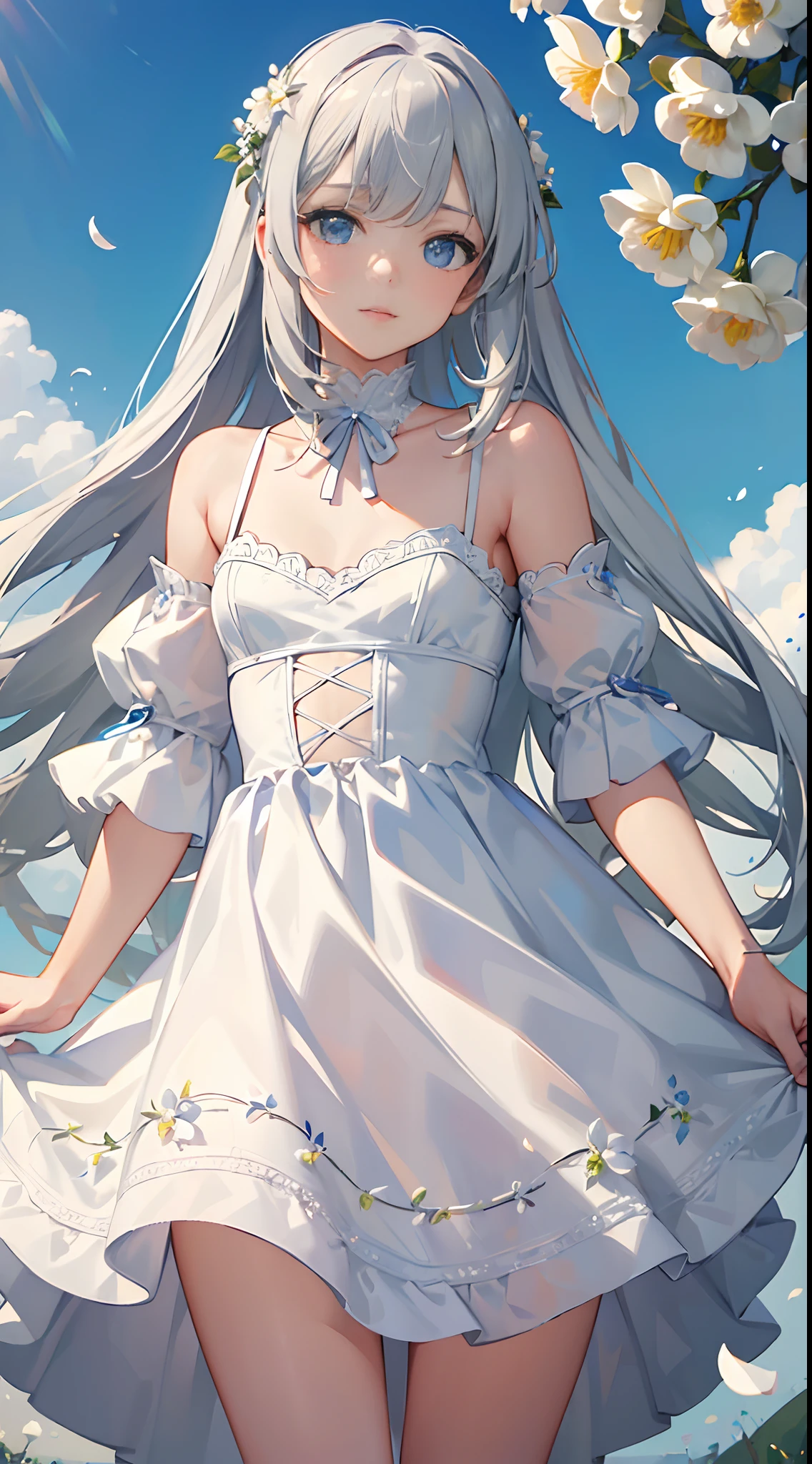 (masterpiece, best quality:1.6), white lace dress, cowboy shot, thighs, beautiful girl, (flowers, many small white petals:1.3), garden, blue sky, looking at viewer, small waist, official art, raw photo, incredibly absurdres, facelight, dynamic lighting, cinematic lighting, ultra realistic, highres, photography, sharp focus, highest detailed, extreme detailed, ultra detailed, finely detail, extremely detailed eyes and face