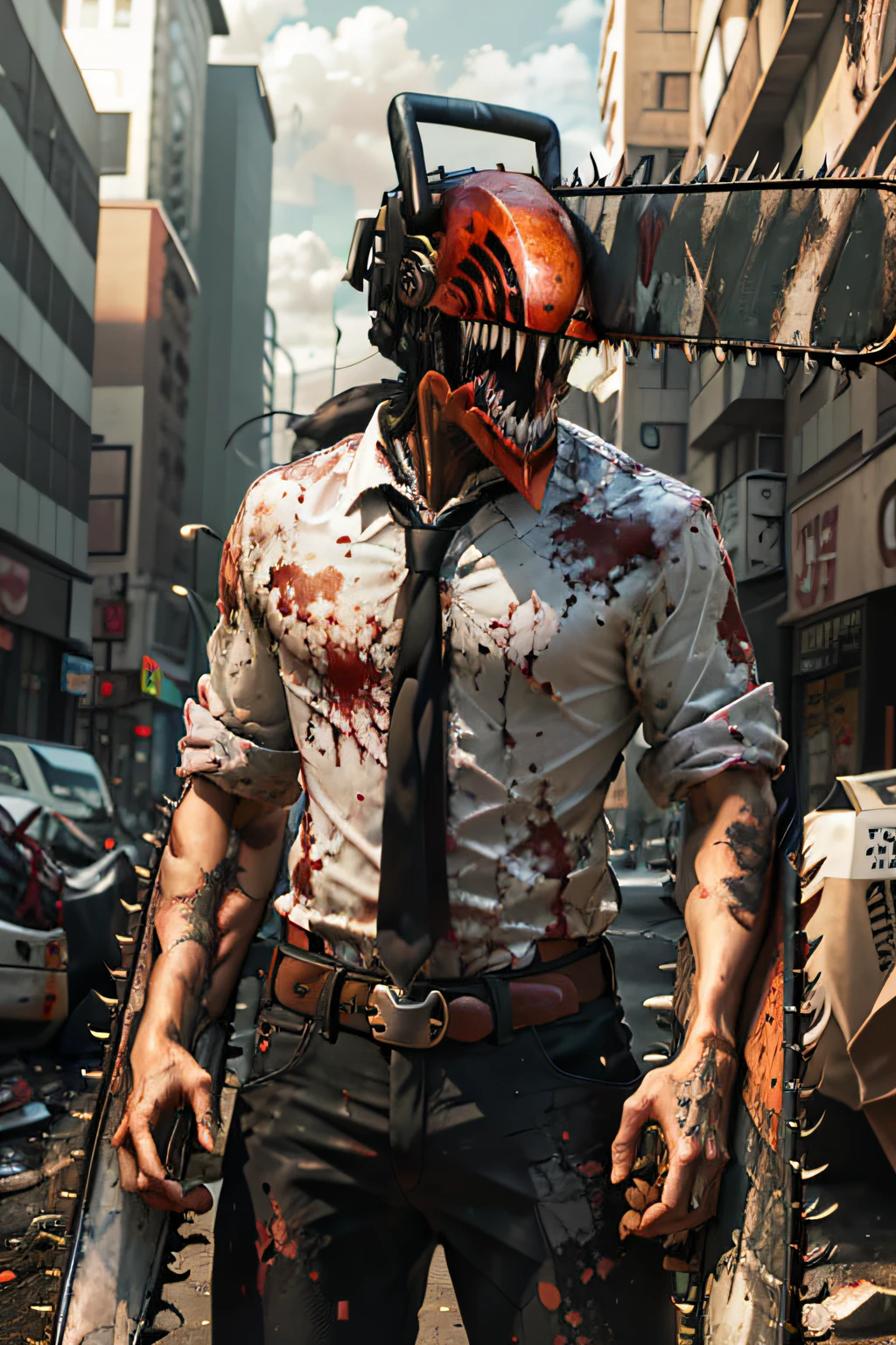 djb, monster boy, chainsaw, sharp teeth, open mouth, tongue, (Chainsaw head:1.5),
BREAK collared shirt, black necktie, sleeves rolled up, black pants, belt, (bloodstained), dirty clothes, Flesh-eating, bloody mouth, grotesque,
BREAK Ravaged cities,
BREAK (masterpiece:1.2), best quality, high resolution, unity 8k wallpaper, (illustration:0.8), (beautiful detailed eyes:1.6), extremely detailed face, perfect lighting, extremely detailed CG, (perfect hands, perfect anatomy)