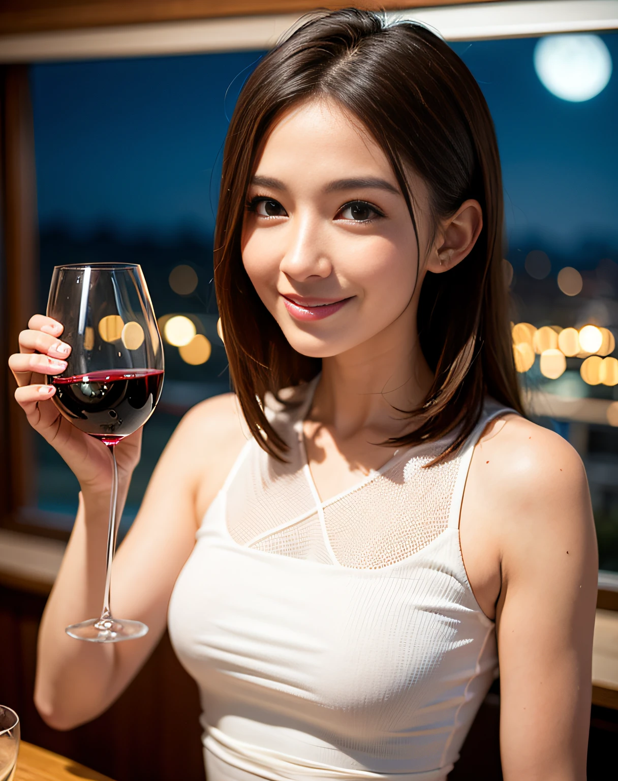 (64K, UHD, top quality, masterpiece: 1.2), (realistic, photorealistic: 1.37), super detailed, pretty woman 1 person, (slim face), (slim body), (brown hair), (short cut), cheeks slightly blushing, (44 years old), 38 years old, solo, beautiful detailed urban night view outside the window, restaurant, wine glasses sit, at night, in a prominent placeNovaFrogStyle, Actress, Model, Waist Up, White Wine, Slim, Wine Glass, Super Clean Night View, Wine Glass Put in the Middle, Happy Smile, (Smile: 1.15), Beautiful Fine Eyes, Upper Body, Bust Japan Up, Night, Short, Short, Actress, Model, Waist Up, White Wine, Slim, Wine Glass, Super Clean Night View, Wine Glass Put in the Middle, Happy Smile,