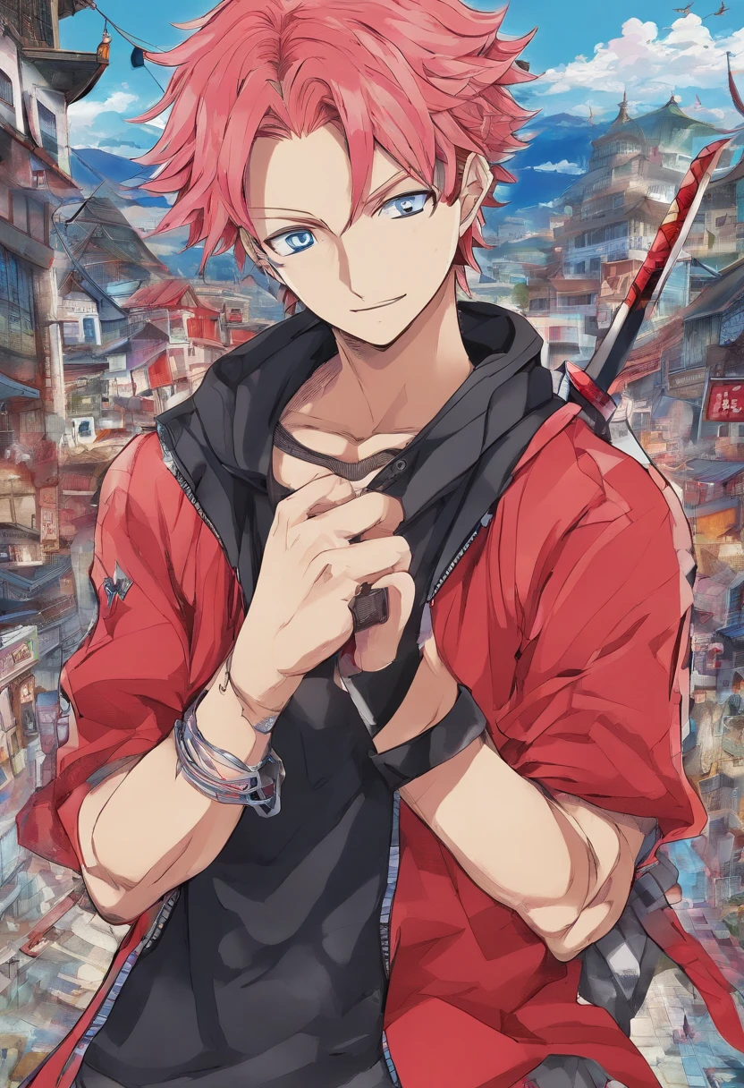 1 boy, (red hair), bright blue eyes, pointy ears, looking forwards, sword in hand pointed at camera, destroyed town in background, artsy, colorful, gritty, bloody, fully clothed, (closed checker pattern shirt), ((sharp eyes)), hero, sharp features, lanky, flat chin, long neck ((rigid hair)), (high quality), ((in the style of the anime One Piece Wano Arc)