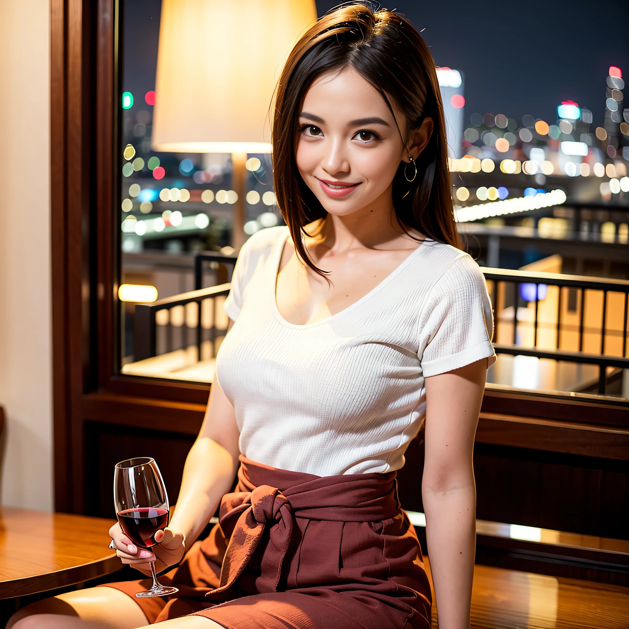 (64K, UHD, top quality, masterpiece: 1.2), (realistic, photorealistic: 1.37), super detailed, pretty woman 1 person, (slim face), (slim body), (brown hair), (short cut), cheeks slightly blushing, (35 years old), 38 years old, solo, beautiful detailed urban night view outside the window, restaurant, wine glasses sit, at night, in a prominent place (from the waist up) NovaFrogStyle, Actress, Model, Waist Up, White Wine, Slim, Wine Glass, Super Clean Night View, Wine Glass Put in the Middle, Happy Smile, (Smile: 1.15), Beautiful Fine Eyes, Upper Body, Bust Japan Up, Night, Short, Short, Actress, Model, Waist Up, White Wine, Slim, Wine Glass, Super Clean Night View, Wine Glass Put in the Middle, Happy Smile,