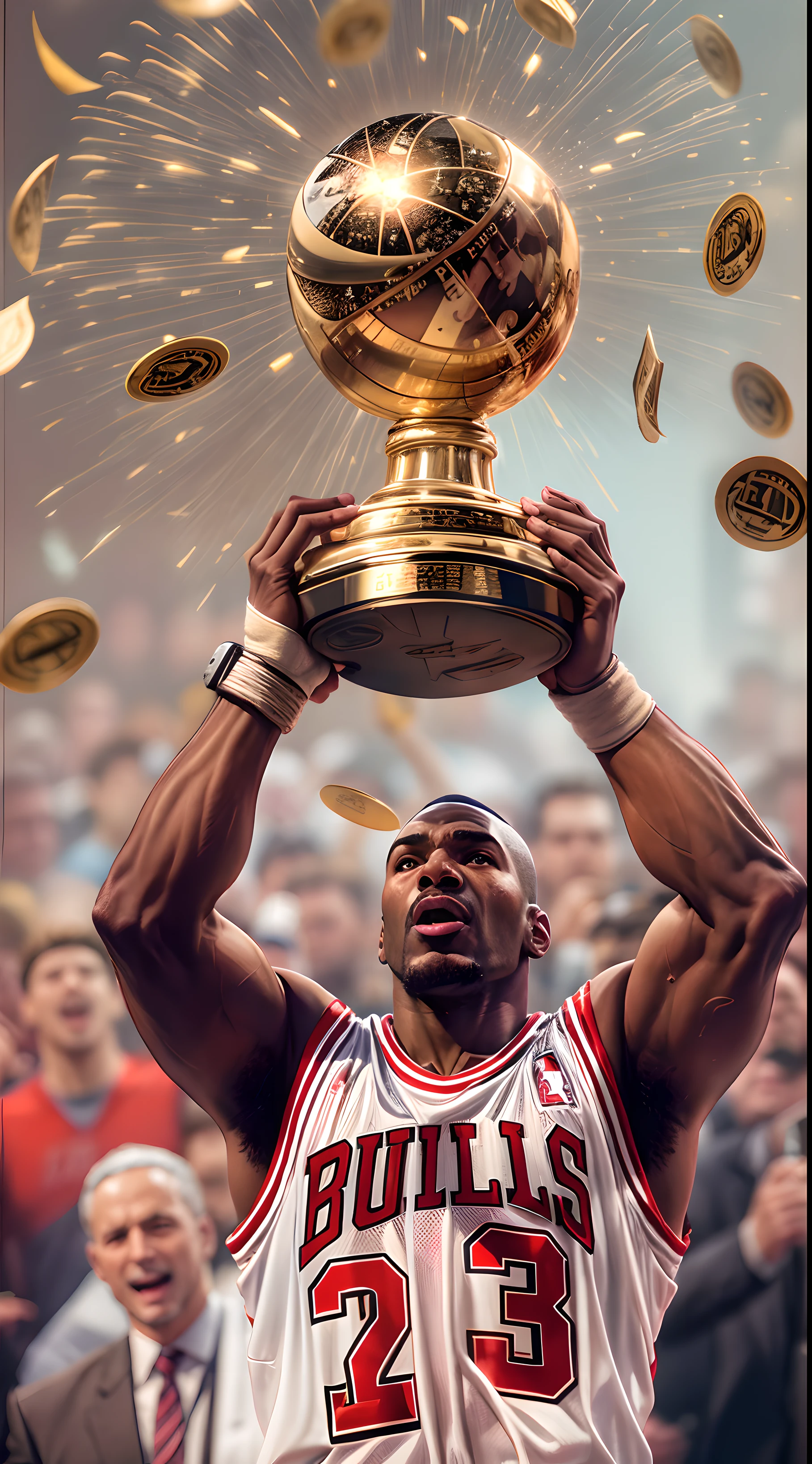 bulls player holding trophy in air, with money flying around him, michael jordan, holding the larry o'brien trophy,