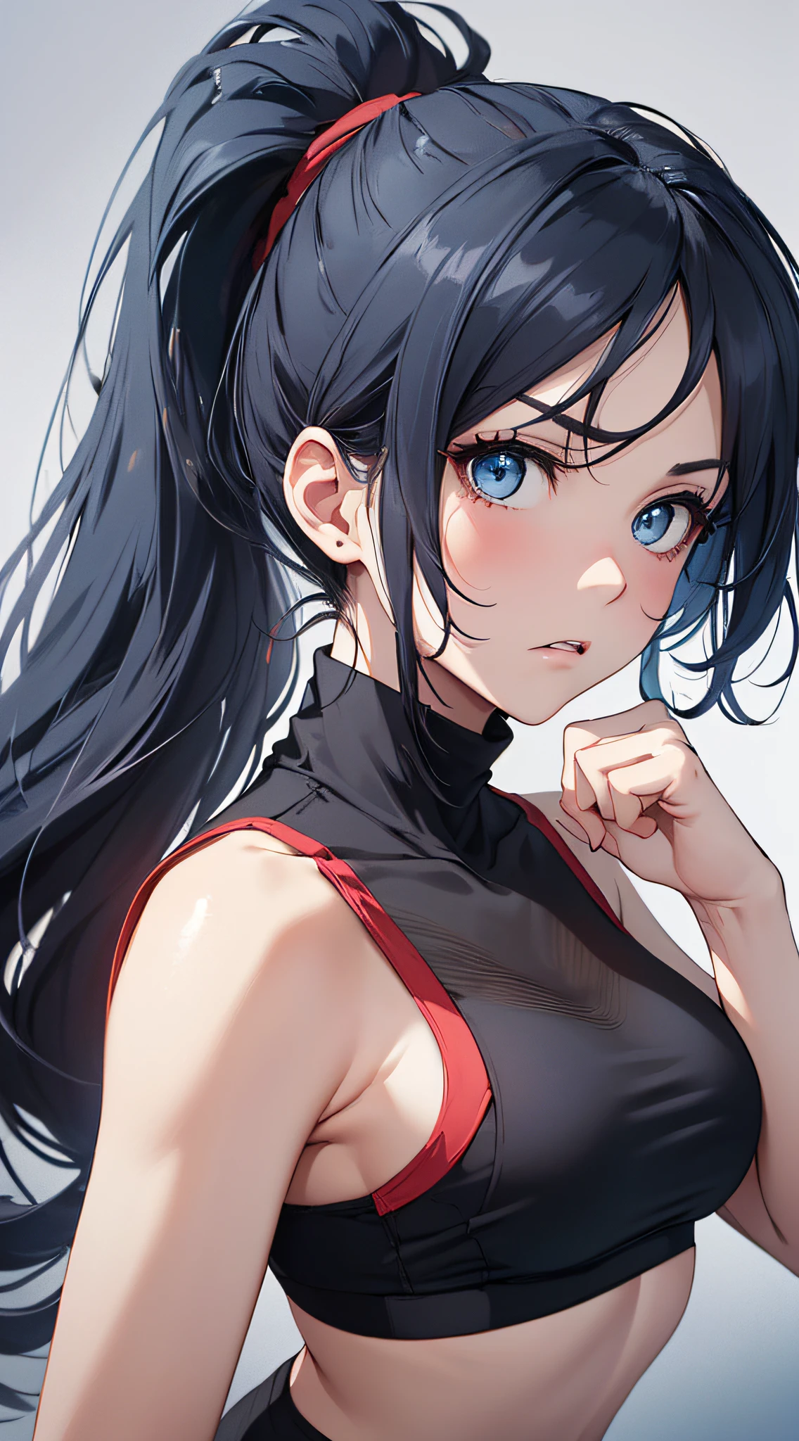 top-quality、Top image quality、​masterpiece、girl with((cute little、18year old、Best Bust、Medium bust、Bust 85,Beautiful blue eyes、Breasts wide open,Ponytail with black hair、A slender、Blue hair mesh、Black bandana、Red Sports Bra、Black Doshi、fighting poses、angry looking face)）hiquality、Beautiful Art、Background with((Large white room、White lighting)),masutepiece、Elaborate design、visualart、depth of fields、The best lighting、highestdetailed、8ｋ
