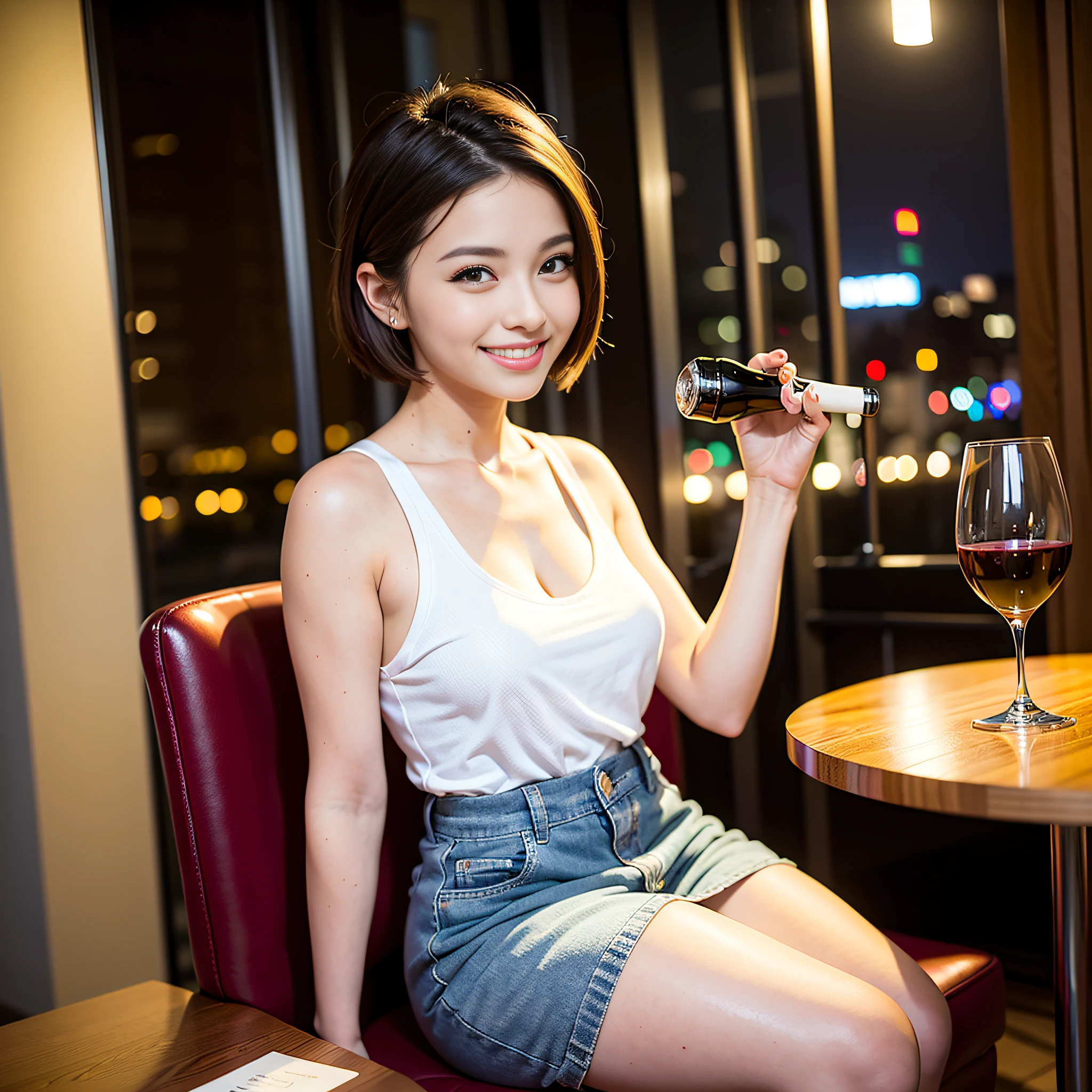 (64K, UHD, top quality, masterpiece: 1.2), (realistic, photorealistic: 1.37), super detailed, pretty woman 1 person, (slim face), (slim body), (brown hair), (short cut), cheeks slightly blushing, (35 years old), 38 years old, solo, beautiful detailed urban night view outside the window, restaurant, wine glasses sit, at night, in a prominent place (from the waist up) NovaFrogStyle, Actress, Model, Waist Up, White Wine, Slim, Wine Glass, Super Clean Night View, Wine Glass Put in the Middle, Happy Smile, (Smile: 1.15), Beautiful Fine Eyes, Upper Body, Bust Japan Up, Night, Short, Short, Actress, Model, Waist Up, White Wine, Slim, Wine Glass, Super Clean Night View, Wine Glass Put in the Middle, Happy Smile,