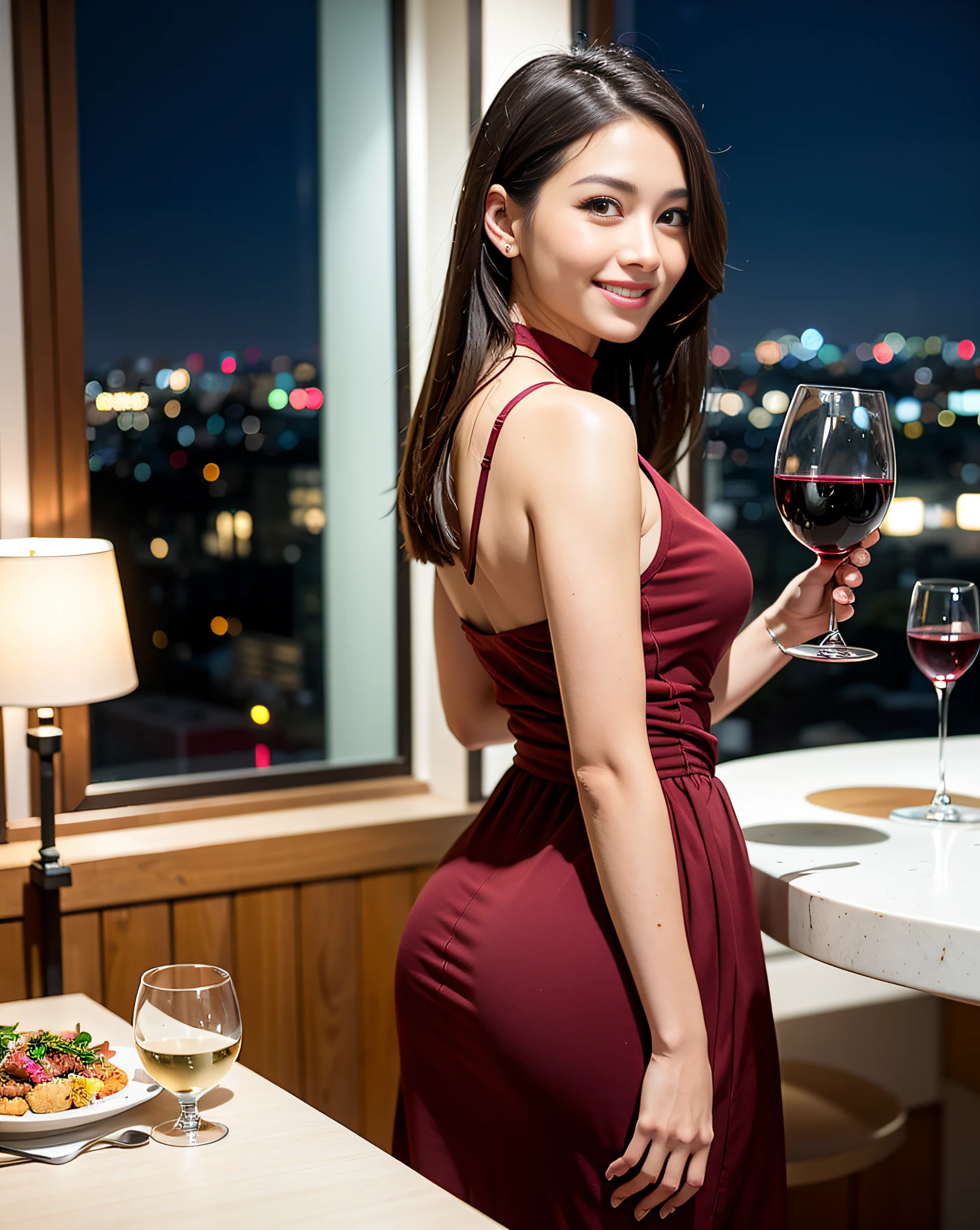 (64K, UHD, top quality, masterpiece: 1.2), (realistic, photorealistic: 1.37), super detailed, pretty woman 1 person, (slim face), (slim body), (brown hair), (short cut), cheeks slightly blushing, (44 years old), 38 years old, solo, beautiful detailed urban night view outside the window, restaurant, wine glasses sit, at night, in a prominent placeNovaFrogStyle, Actress, Model, Waist Up, White Wine, Slim, Wine Glass, Super Clean Night View, Wine Glass Put in the Middle, Happy Smile, (Smile: 1.15), Beautiful Fine Eyes, Upper Body, Bust Japan Up, Night, Short, Short, Actress, Model, Waist Up, White Wine, Slim, Wine Glass, Super Clean Night View, Wine Glass Put in the Middle, Happy Smile,