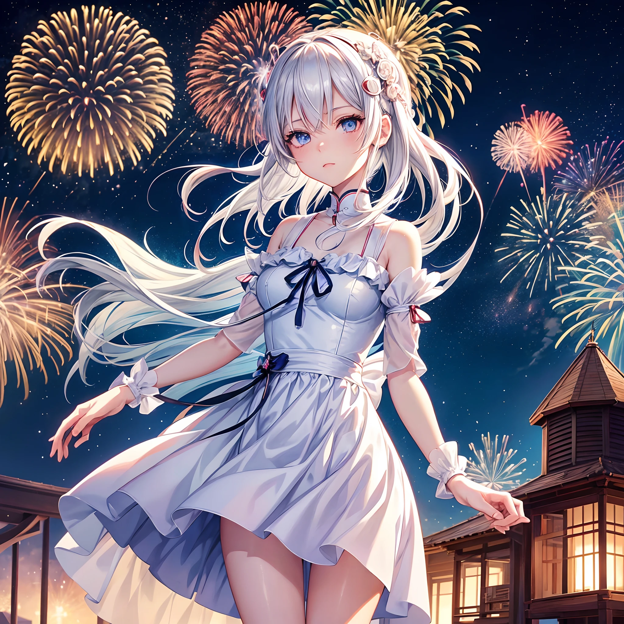 anime girl with white hair and blue eyes looking at fireworks, official artwork, [ fireworks in the sky ]!!, anime visual of a cute girl, firework, girl with short white hair, official art, ayanami, girl with white hair, anime cover, rin, rem rezero, official anime artwork, hana yata, anime moe artstyle, nightcore