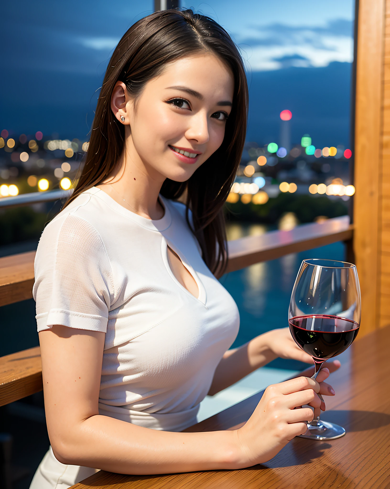 (64K, UHD, top quality, masterpiece: 1.2), (realistic, photorealistic: 1.37), super detailed, pretty woman 1 person, (slim face), (slim body), (brown hair), (short cut), cheeks slightly blushing, (44 years old), 38 years old, solo, beautiful detailed urban night view outside the window, restaurant, wine glasses sit, at night, in a prominent placeNovaFrogStyle, Actress, Model, Waist Up, White Wine, Slim, Wine Glass, Super Clean Night View, Wine Glass Put in the Middle, Happy Smile, (Smile: 1.15), Beautiful Fine Eyes, Upper Body, Bust Japan Up, Night, Short, Short, Actress, Model, Waist Up, White Wine, Slim, Wine Glass, Super Clean Night View, Wine Glass Put in the Middle, Happy Smile,