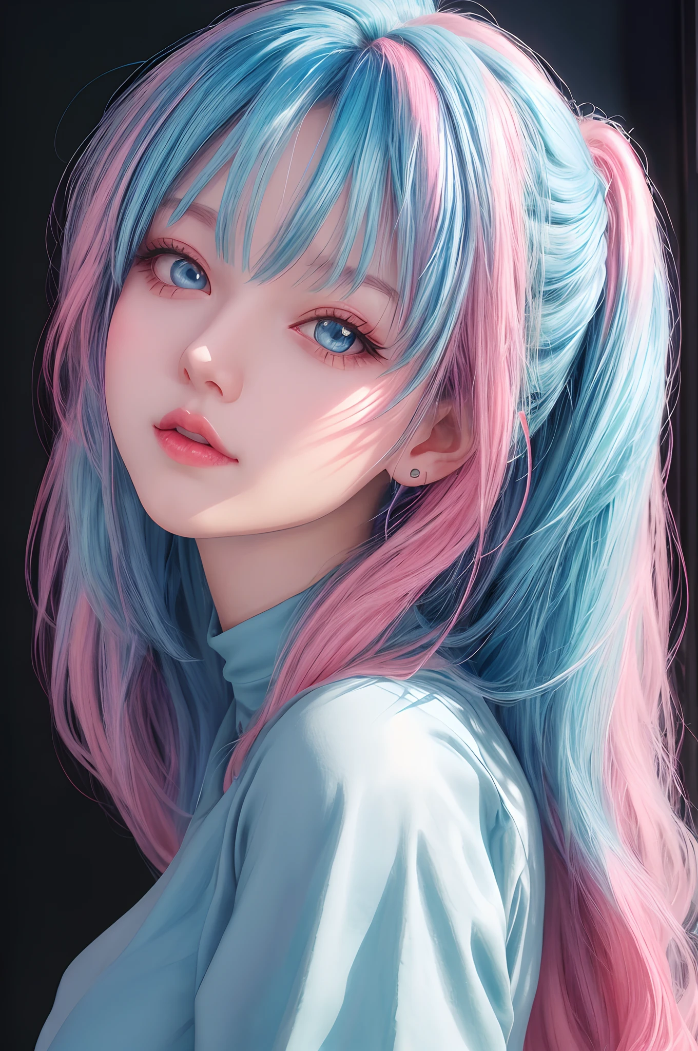 a woman with blue hair and pink hair wearing a blue top, beautiful anime portrait, stunning anime face portrait, detailed portrait of anime girl, beautiful anime style, beautiful anime face, beautiful anime girl, rossdraws pastel vibrant, pretty anime girl, cute anime girl portraits, portrait anime girl, cute anime girl portrait, anime girl with cosmic hair, digital anime art