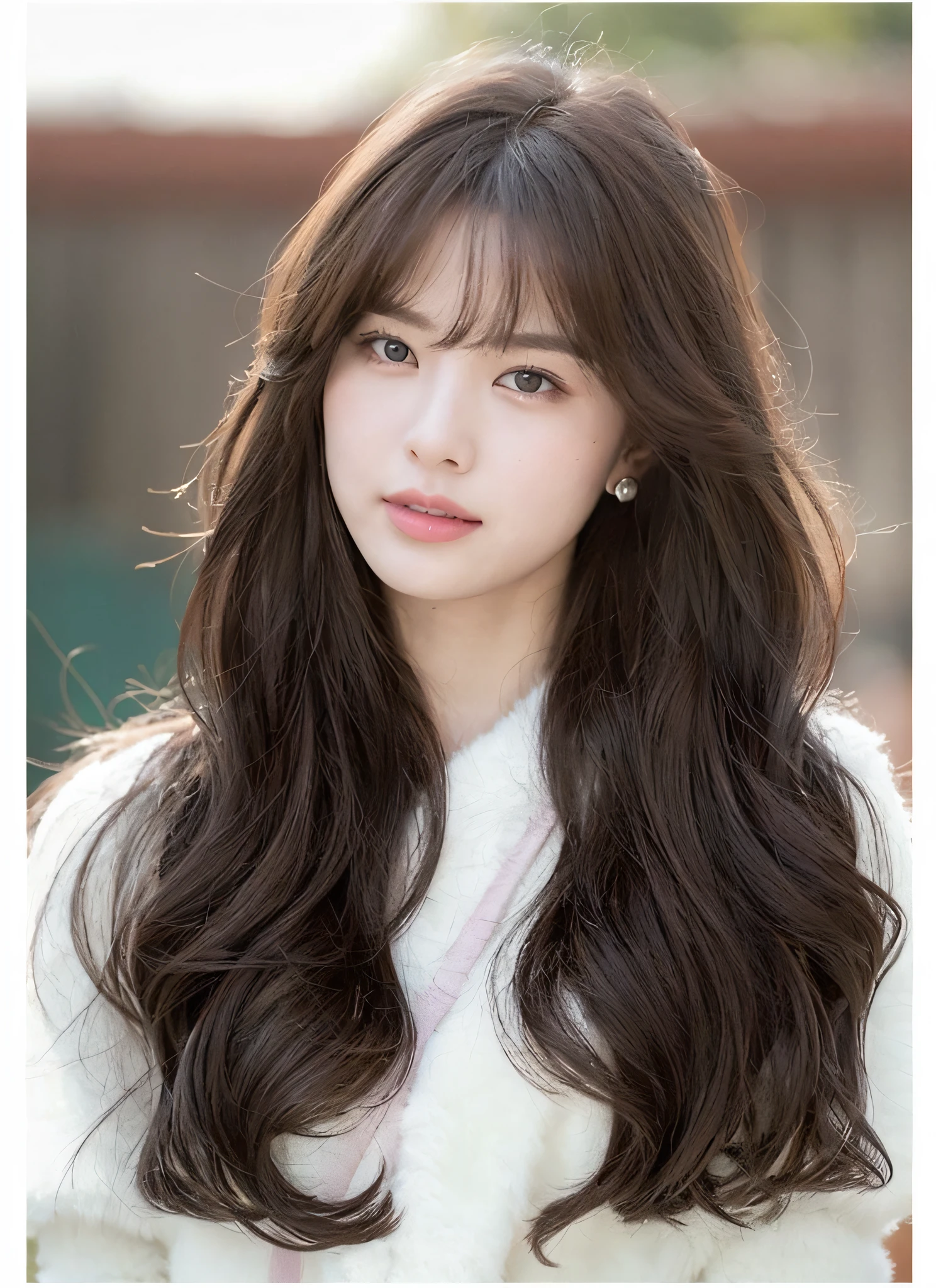 （（best qualtiy，8K，tmasterpiece：1.3）），The picture is clear， Girl， ssmile， full bodyesbian， Slim Faces， Beautiful woman， （dark brown  hair）， full length dress ：1.1， Super detailed face， Detailed eyes， 二重まぶた， blur backgroun， Slim Faces， 城市， Clean white background inside