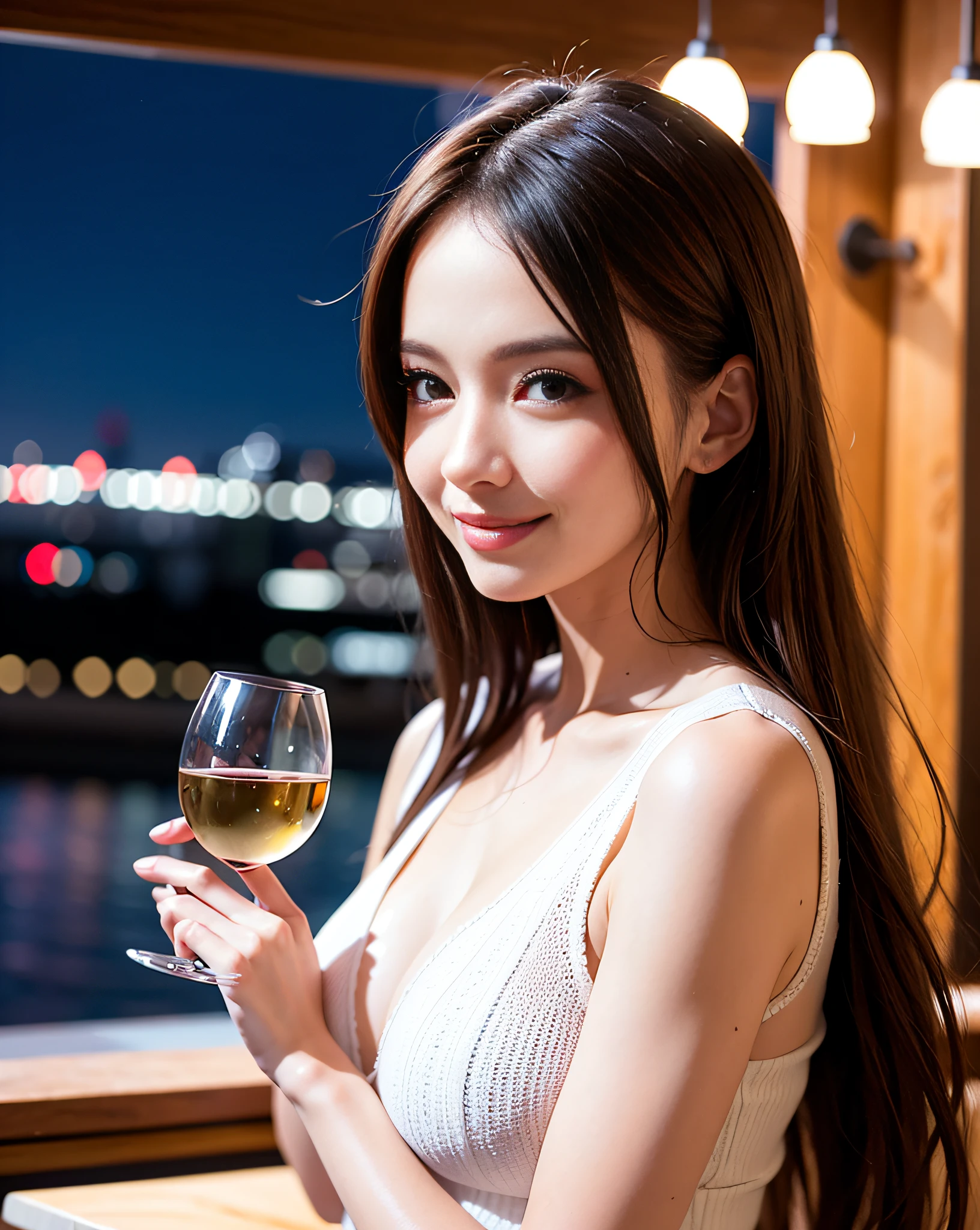 (64K, UHD, top quality, masterpiece: 1.2), (realistic, photorealistic: 1.37), super detailed, pretty woman 1 person, (slim face), (slim body), (brown hair), (short cut), cheeks slightly blushing, (44 years old), 38 years old, solo, beautiful detailed urban night view outside the window, restaurant, wine glasses sit, at night, in a prominent placeNovaFrogStyle, Actress, Model, Waist Up, White Wine, Slim, Wine Glass, Super Clean Night View, Wine Glass Put in the Middle, Happy Smile, (Smile: 1.15), Beautiful Fine Eyes, Upper Body, Bust Japan Up, Night, Short, Short, Actress, Model, Waist Up, White Wine, Slim, Wine Glass, Super Clean Night View, Wine Glass Put in the Middle, Happy Smile,