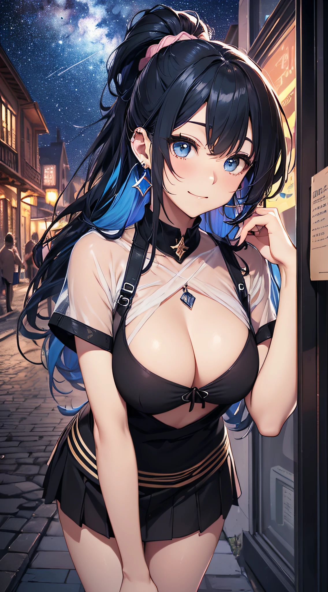 top-quality、Top image quality、masterpiece、girl with((cute little、18year old、Best Bust、Medium bust、Bust 85,Beautiful blue eyes、Breasts wide open,Black Short Sleeve T-Shirt、White see-through、Black short skirt、Ponytail with black hair、Beautiful blue earrings、A slender、Blue hair mesh、、Leaning forward、Poses that emphasize breasts、close to viewer、Kamimei、A slight smil、Shy face、dye one's cheeks red、arms in arms))hiquality、Beautiful Art、Background with((Planetarium Town、Beautiful starry sky、Illumination Town,Pink lighting)),masutepiece、Elaborate design、visualart、depth of fields、The best lighting、highestdetailed、8k