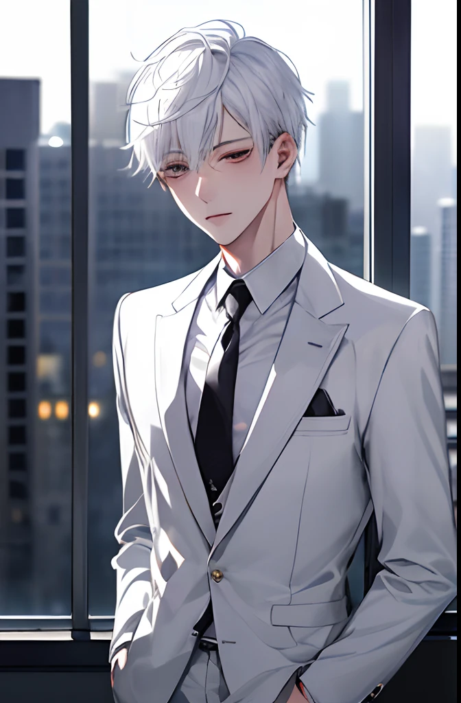 1kpop boy, white hair, business suit, jacket, white shirt, necktie, pants, best quality, hires, detailed face, office, buildings from window, detailed background, diffused sunlight, depth of field, bokeh