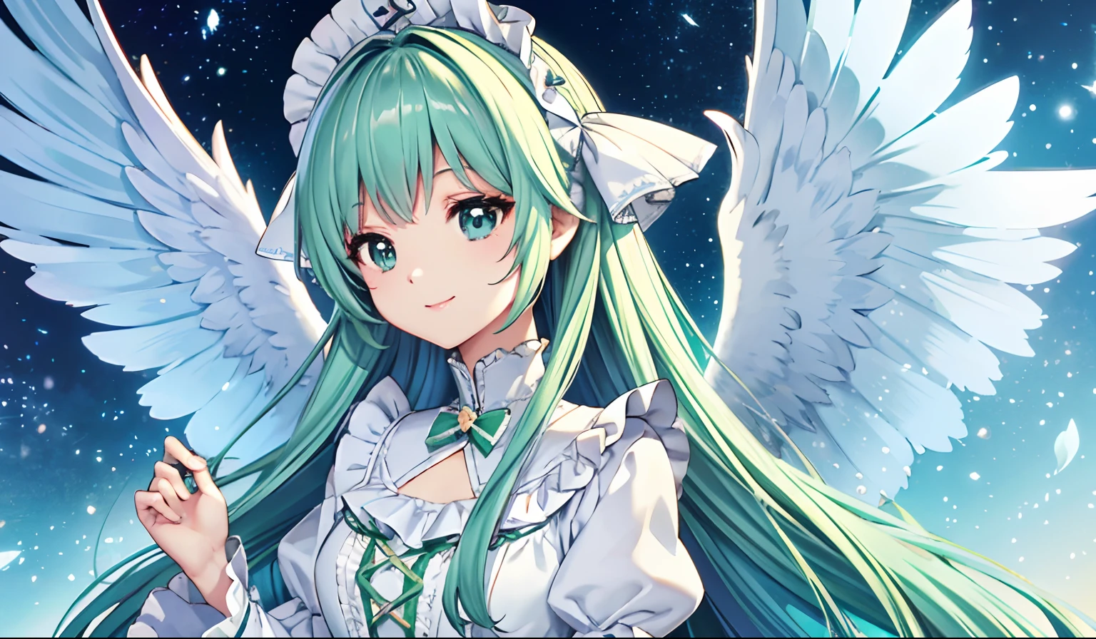 Big big wings of angels shining in seven colors、Kawaii Girl、adorable smiling、Light blue long hair、Twin-tailed、Colorful angel costume in white and green ta style with lots of frills、((top-quality))、((masterpiece))、(ighly detailed、highestdetailed、Official art、Beautifully Aesthetic:1.2)