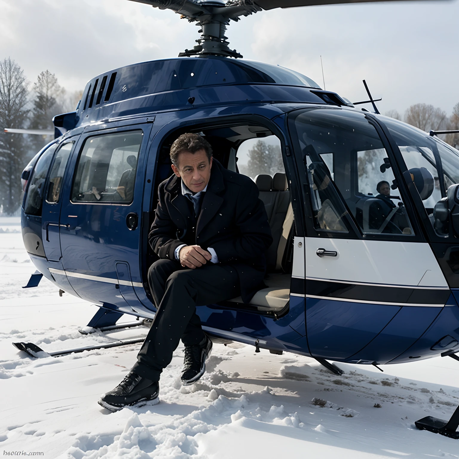 Sarkozy in the snow in a helicopter