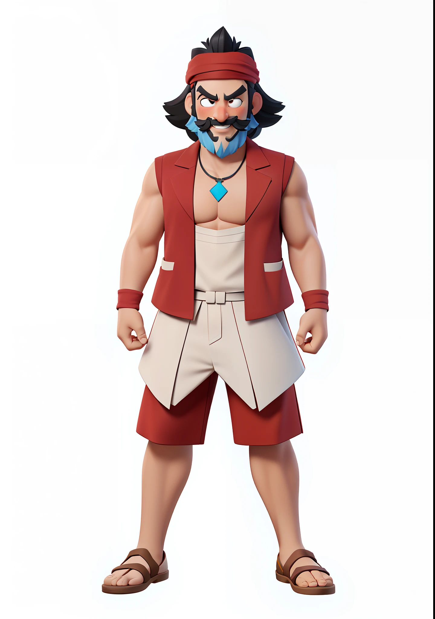 cartoon of a man in a red vest and white shirt, akira from chinese mythology, nicholas cage as monkey d luffy, goku as an asian man, handsome prince of persia, full length character, disney character, single character full body, antasy character, inspired by Chen Jiru, male character design, full body character, animation character, character full body portrait, ((shirtless, black necklace, slightly black beard, slightly black mustache, smile, 3d render, ocatane render, 3d cartoon,))