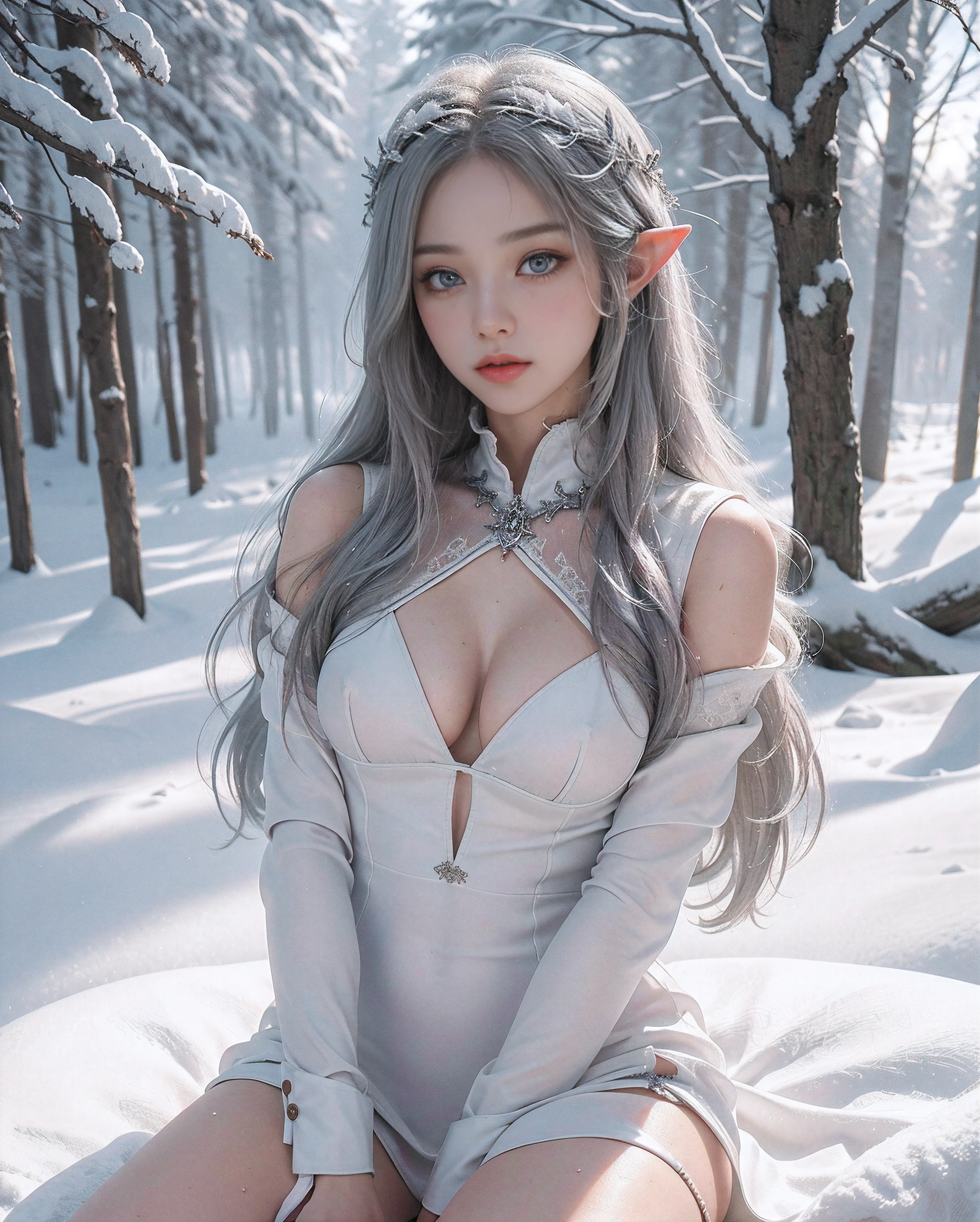 (Snowy day：1 girl, Girl）， tmasterpiece， beste-Qualit， photo in RAW format， Realistic， s face， Incredibly ridiculous resolution， Beautiful elven beauty， Blot your whole body wet， Long silver hair ，White Revealing Dress , high collar, white stockings，The Goddess of Winter, Depth of field， hight resolution， Ultra Detailed， filigree， RAWE is very detailed， highly detailed eyes and faces， Sharp pupils， Realistic pupil， Attach clear focus， Cinmatic Lighting，full bodyesbian，large tities，long leges，On the front side，Snowy day in the forest，Looks to the side