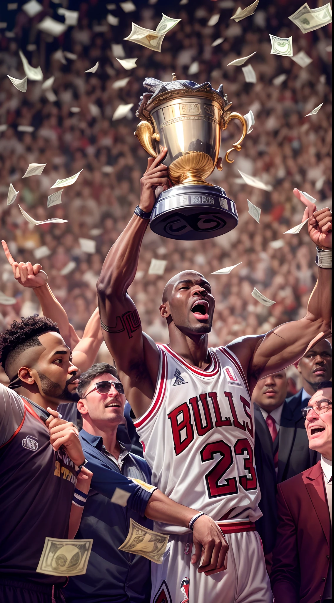 Bulls player holds trophy in the air, With money flying around him, Michael Jordan, Download Larry O'Brien Cup,