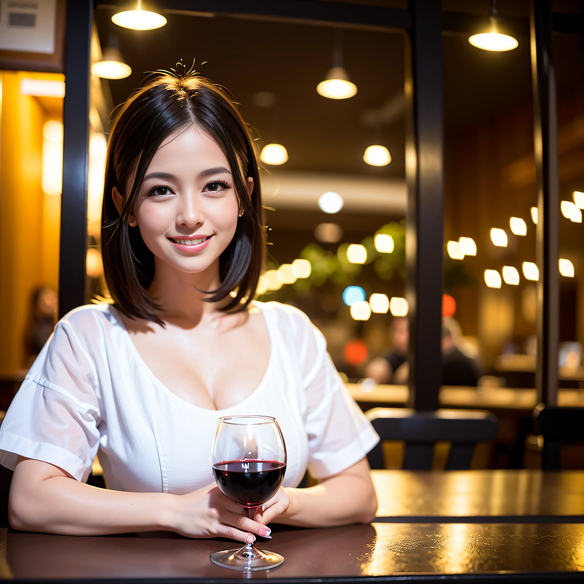 (64K, UHD, top quality, masterpiece: 1.2), (realistic, photorealistic: 1.37), super detailed, pretty woman 1 person, (slim face), (slim body), (brown hair), (short cut), cheeks slightly blushing, (44 years old), 38 years old, solo, beautiful detailed urban night view outside the window, restaurant, wine glasses sit, at night, in a prominent placeNovaFrogStyle, Actress, Model, Waist Up, White Wine, Slim, Wine Glass, Super Clean Night View, Wine Glass Put in the Middle, Happy Smile, (Smile: 1.15), Beautiful Fine Eyes, Upper Body, Bust Japan Up, Night, Short, Short, Actress, Model, Waist Up, White Wine, Slim, Wine Glass, Super Clean Night View, Wine Glass Put in the Middle, Happy Smile,