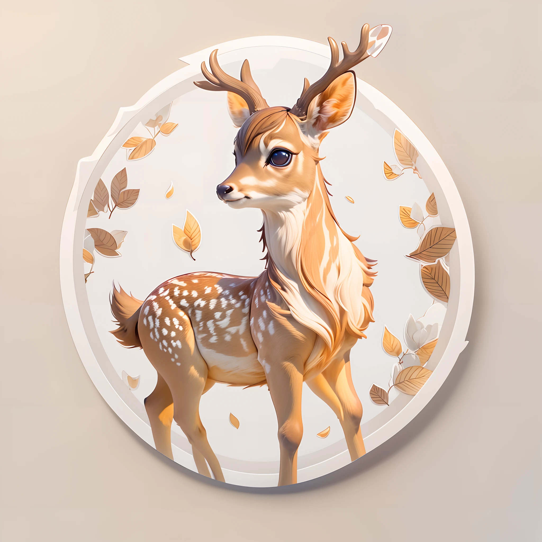 (Sticker,),(3D anime fawn),(sika deer) brightly colored,Exude power, Grace, There is also a touch of mystery.(in circle), (White background), (Gold border),Simple, Ultra detailed, Detailed drawing, vectorised, 8K, professional sticker design, Flat design, Vector lines, Sticker, Full-HD