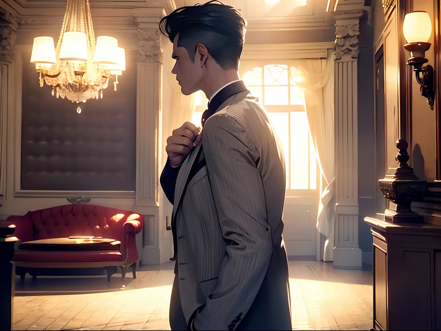 Boy in a mansion, Cinematic atmosphere, Dramatic lighting, Detailed room, hanging lantern, The table was full of dollars. There is also a charming boy in a suit, Face girls. No eye contact, No eye contact, No eye contact, Side profile photo. (Photorealistic:1.4), luxury interior, romantic atmoshere, elegant furniture, Grand staircase, Luxurious décor.
