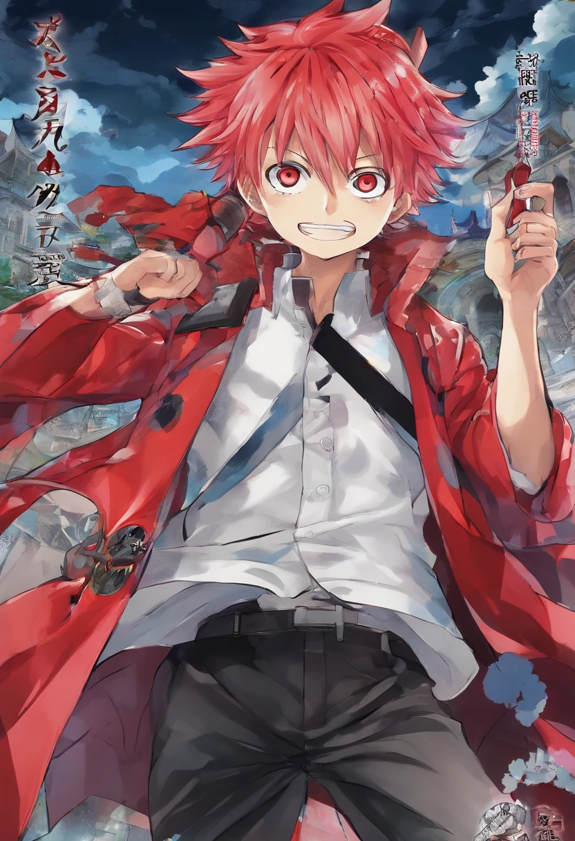 1 boy, (red hair), bright blue eyes, pointy ears, looking forwards, sword in hand pointed at camera, destroyed town in background, artsy, colorful, gritty, bloody, fully clothed, (closed checker pattern shirt), ((sharp eyes)), hero, sharp features, lanky, flat chin, long neck ((rigid hair)), (high quality), ((in the style of the anime One Piece Wano Arc)