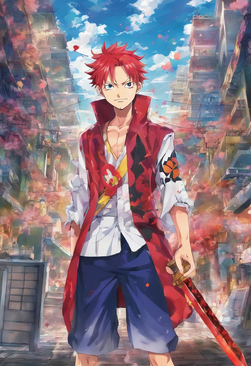 1 boy, (red hair), bright blue eyes, pointy ears, looking forwards, sword in hand pointed at camera, destroyed town in background, artsy, colorful, gritty, bloody, fully clothed, (closed checker pattern shirt), ((sharp eyes)), hero, sharp features, lanky, flat chin, long neck ((rigid hair)), (high quality), ((in the style of the anime One Piece Wano Arc)