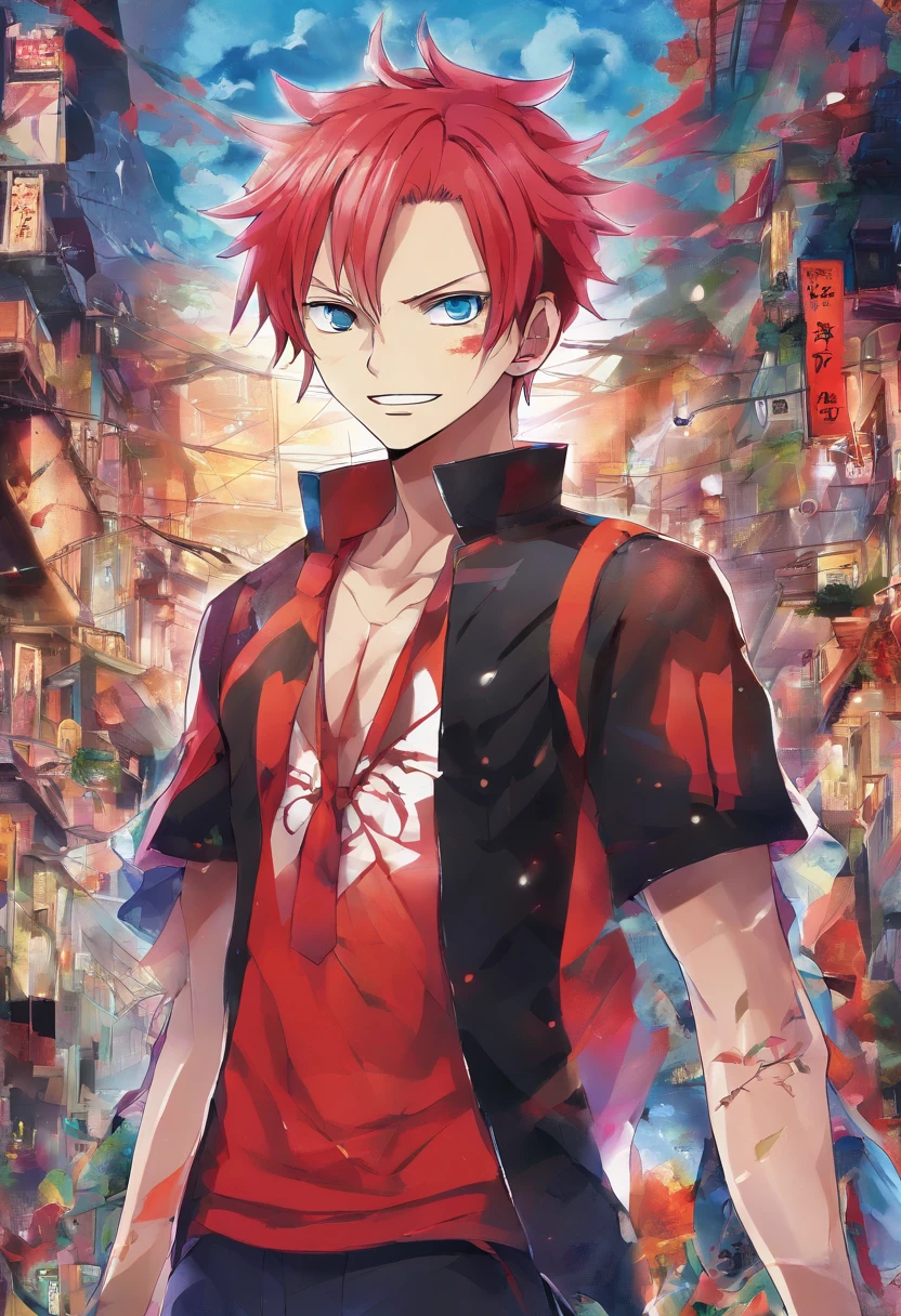 1 boy, (red hair), bright blue eyes, pointy ears, looking forwards, sword in hand pointed at camera, destroyed town in background, artsy, colorful, gritty, bloody, fully clothed, (closed checker pattern shirt), ((sharp eyes)), hero, sharp features, lanky, flat chin, long neck ((rigid hair)), (high quality), ((in the style of the anime One Piece Wano Arc)