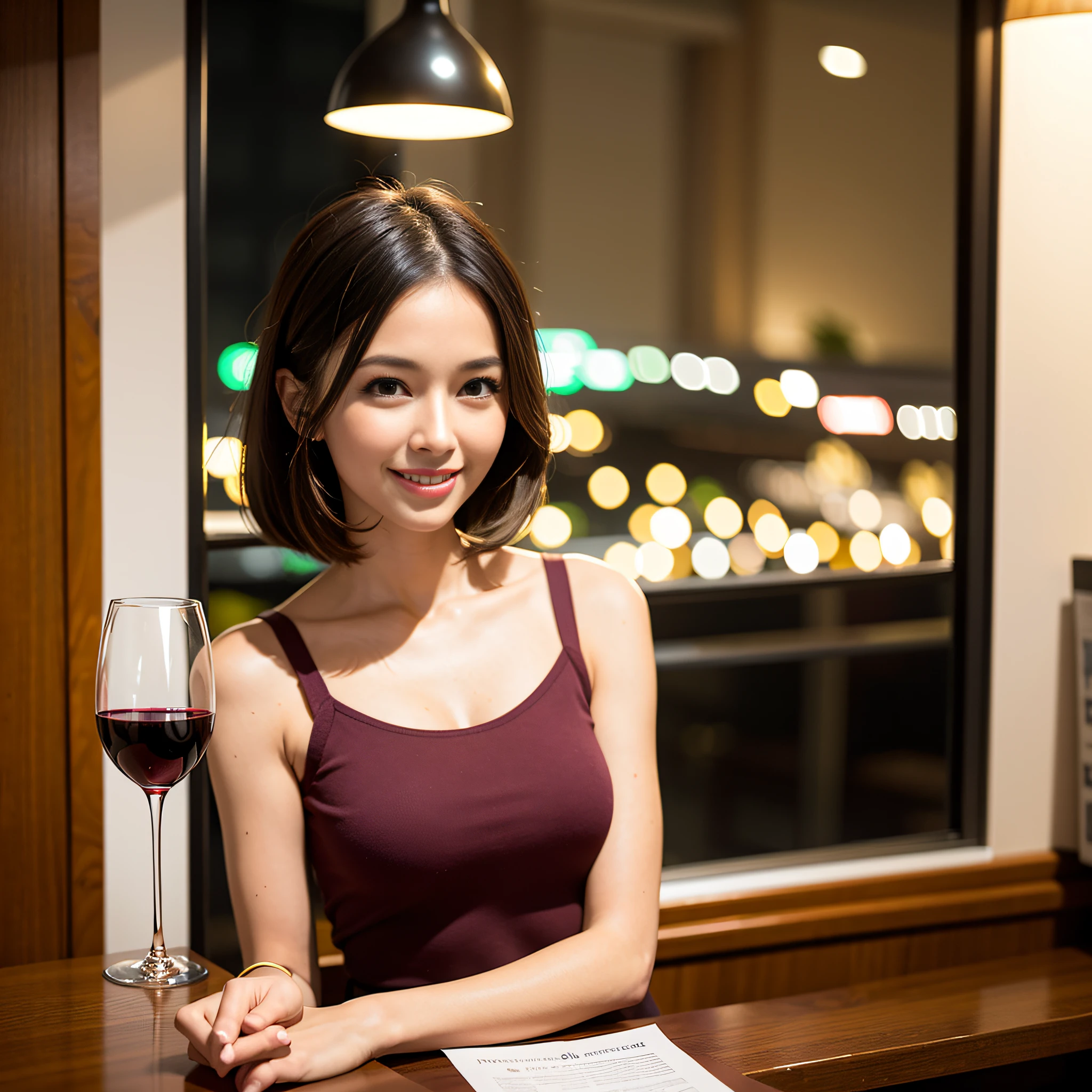 (64K, UHD, top quality, masterpiece: 1.2), (realistic, photorealistic: 1.37), super detailed, pretty woman 1 person, (slim face), (slim body), (brown hair), (short cut), cheeks slightly blushing, (35 years old), 38 years old, solo, beautiful detailed urban night view outside the window, restaurant, wine glasses sit, at night, in a prominent place (from the waist up) NovaFrogStyle, Actress, Model, Waist Up, White Wine, Slim, Wine Glass, Super Clean Night View, Wine Glass Put in the Middle, Happy Smile, (Smile: 1.15), Beautiful Fine Eyes, Upper Body, Bust Japan Up, Night, Short, Short, Actress, Model, Waist Up, White Wine, Slim, Wine Glass, Super Clean Night View, Wine Glass Put in the Middle, Happy Smile,