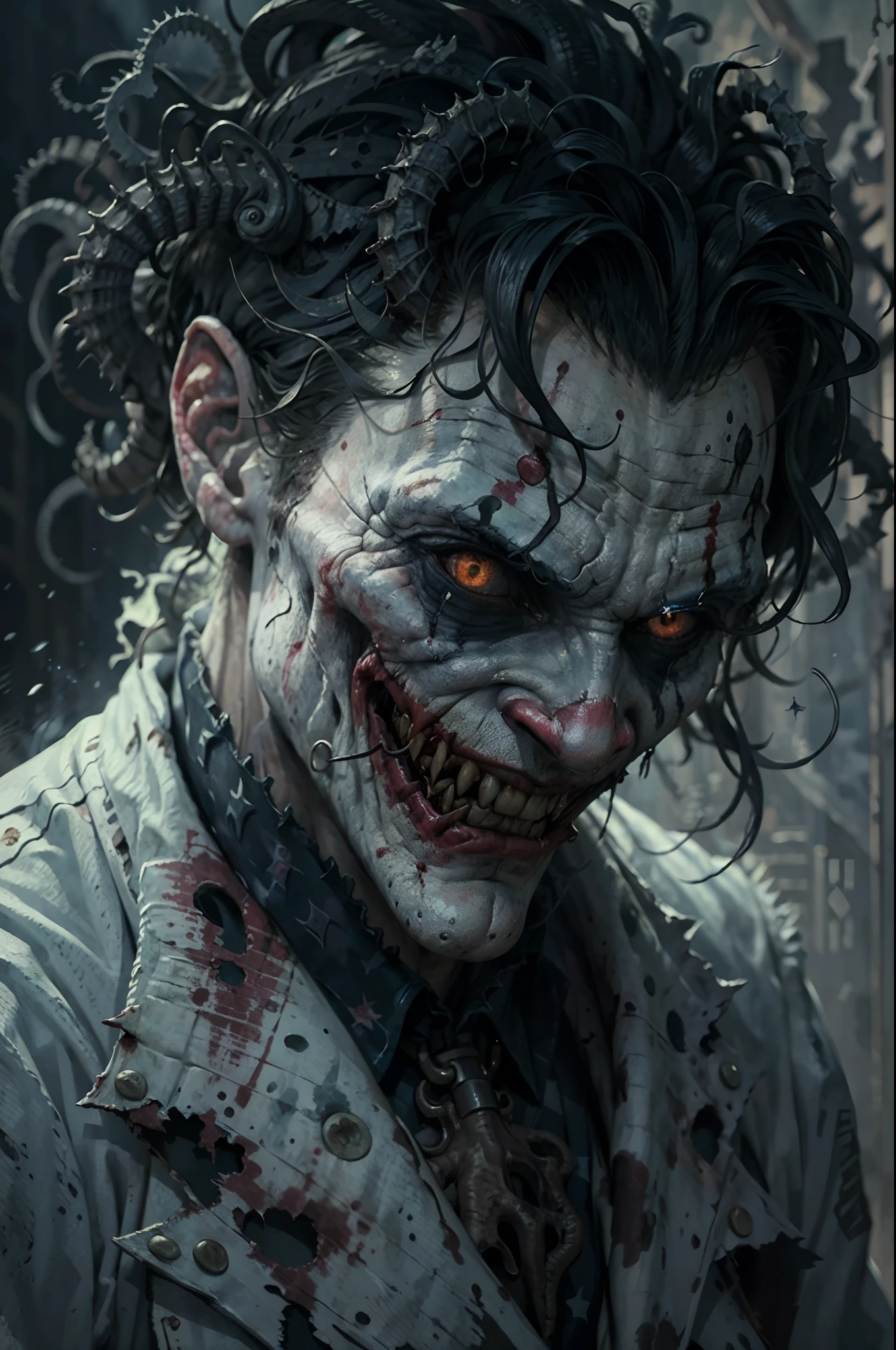 (best quality,4k,8k,highres,masterpiece:1.2),ultra-detailed,(realistic,photorealistic,photo-realistic:1.37),Joker's upper body in the style of HP.Lovecraft,dark,macabre atmosphere,detailed facial expression,ominous eyes,wiry hair,weathered skin,sharp cheekbones,exaggerated grin with twisted lips,distorted features,deep shadows and dramatic lighting,raggedy and tattered clothing,creepy tentacles emerging from the background,unsettling and eerie surroundings,gloomy color palette,weird and abstract elements blending in seamlessly,horror,gothic feel,psychological depth,Dagonian horror influence,disturbing ambiance,nightmarish,otherworldly presence.