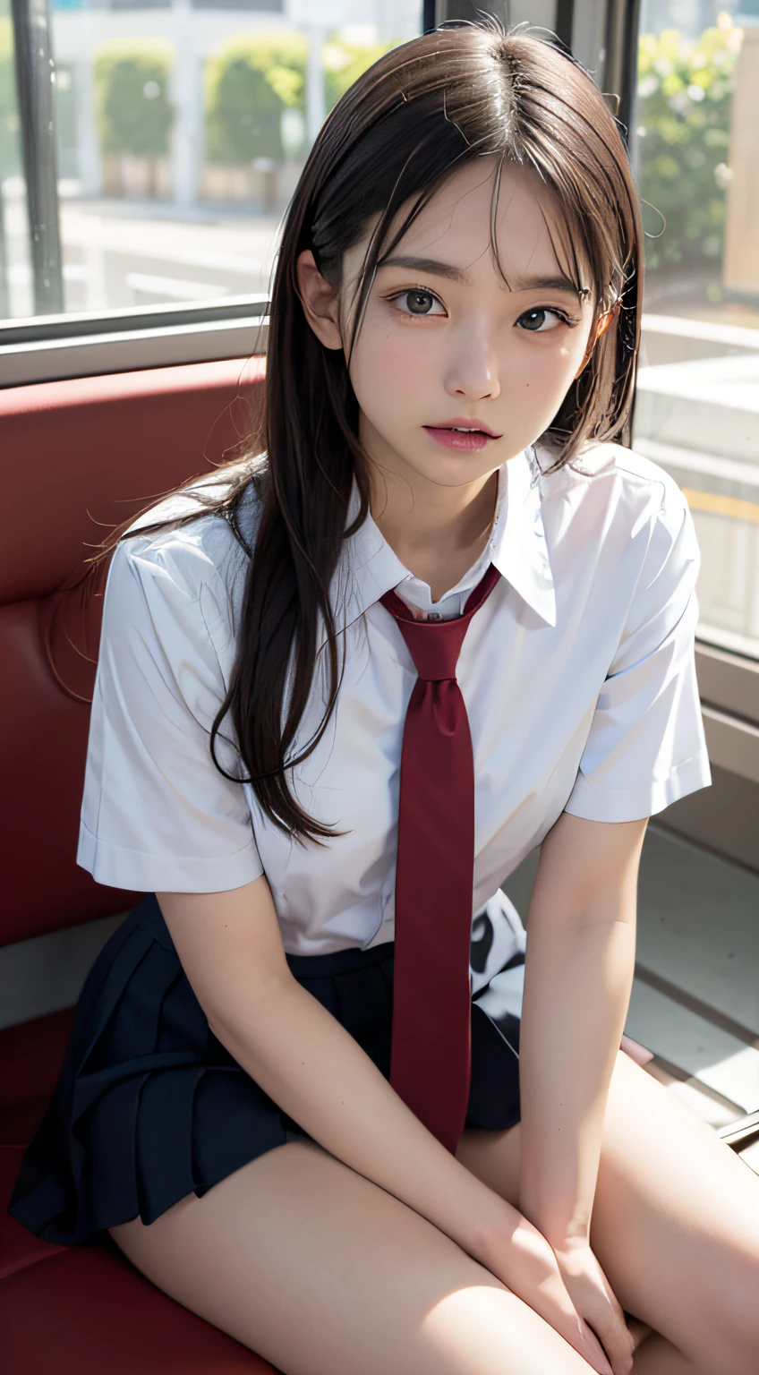 (masutepiece, Best Quality:1.2), 8K, 18year old, 85 mm, Official art, Raw photo, absurderes, White dress shirts, Pretty Face, close up, Upper body, violaceaess, gardeniass, Beautiful Girl, School uniform, (Navy pleated skirt:1.1), Cinch West, thighs thighs thighs thighs, Short sleeve, on train, Sit on a bench seat, Looking at Viewer, No makeup, (Smile:0.4), Film grain, chromatic abberation, Sharp Focus, face lights, clear lighting, , Detailed face, Bokeh background, (dark red necktie:1.1)、huge tit
