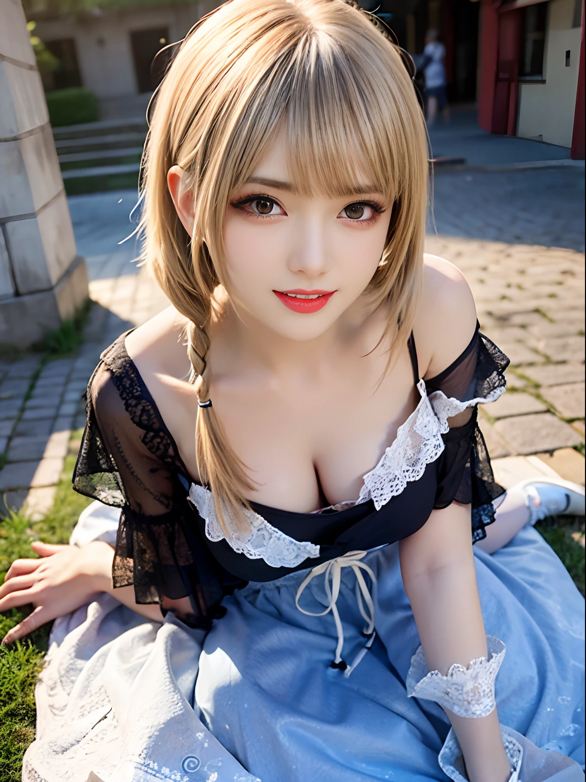 masutepiece, Best quality, illustration, Ultra-detailed, finedetail, A high resolution, 8K wallpaper, Perfect dynamic composition, Beautiful detailed eyes, summer dress,Medium hair, Big breasts, Natural color lips, Random and sexy pose,Smile,Castle Peak Street sidewalk、20 years girl