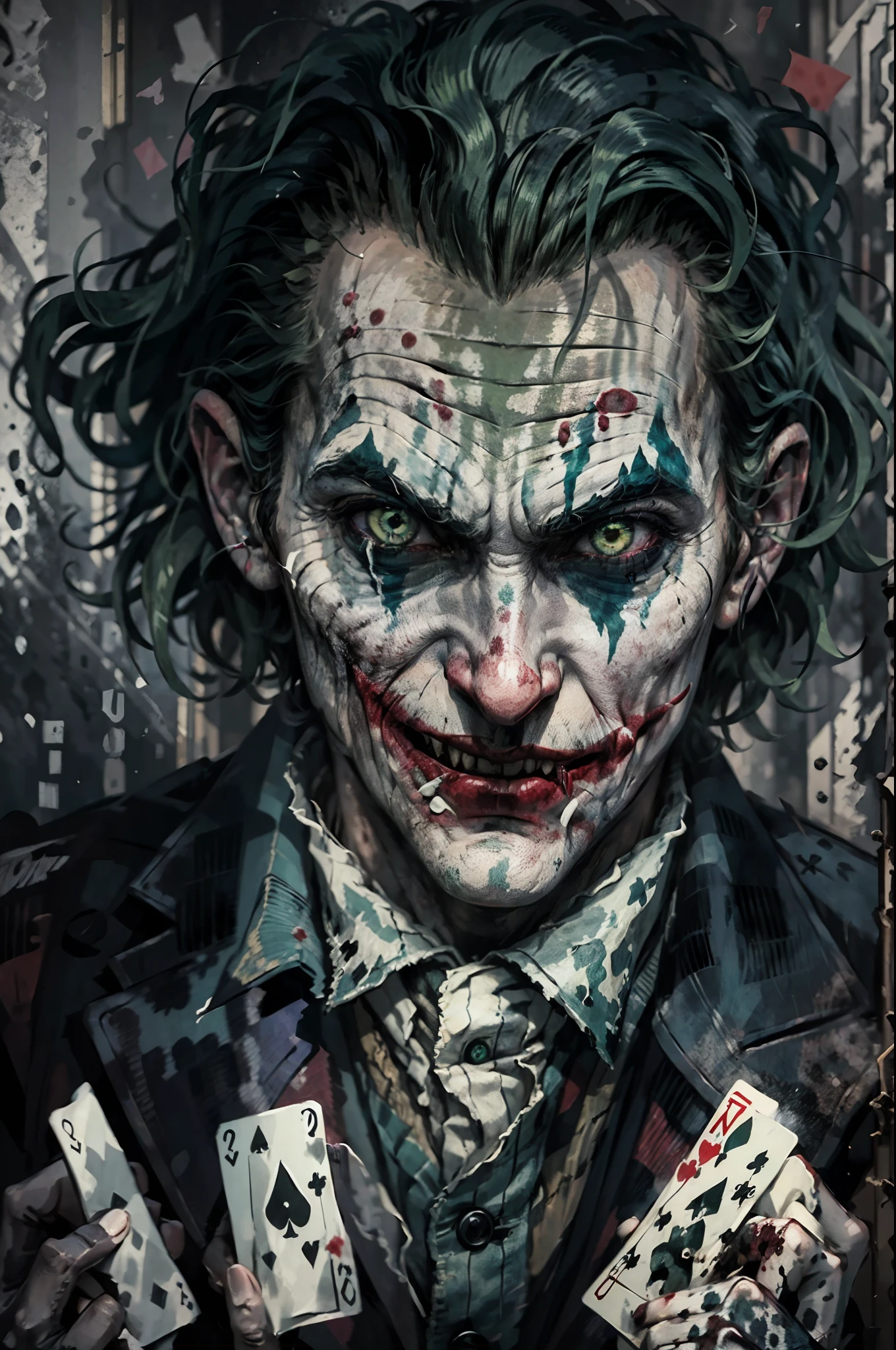 upper body image of joker,HP.lovecraft style,black and white,menacing atmosphere,bizarre expressions,emerald eyes,fangs,bloody red lips,disheveled green hair,distorted face details,long nose,ragged purple suit,tattered playing cards in the background,dark and eerie lighting,horror portrait,vivid contrast,HDR,high-res details,fear-inducing presence,otherworldly elements