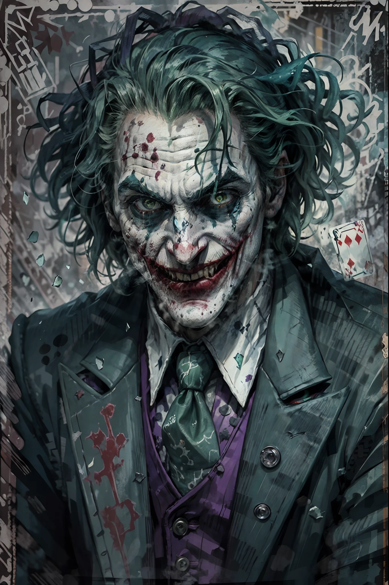 upper body image of joker,HP.lovecraft style,black and white,menacing atmosphere,bizarre expressions,emerald eyes,fangs,bloody red lips,disheveled green hair,distorted face details,long nose,ragged purple suit,tattered playing cards in the background,dark and eerie lighting,horror portrait,vivid contrast,HDR,high-res details,fear-inducing presence,otherworldly elements
