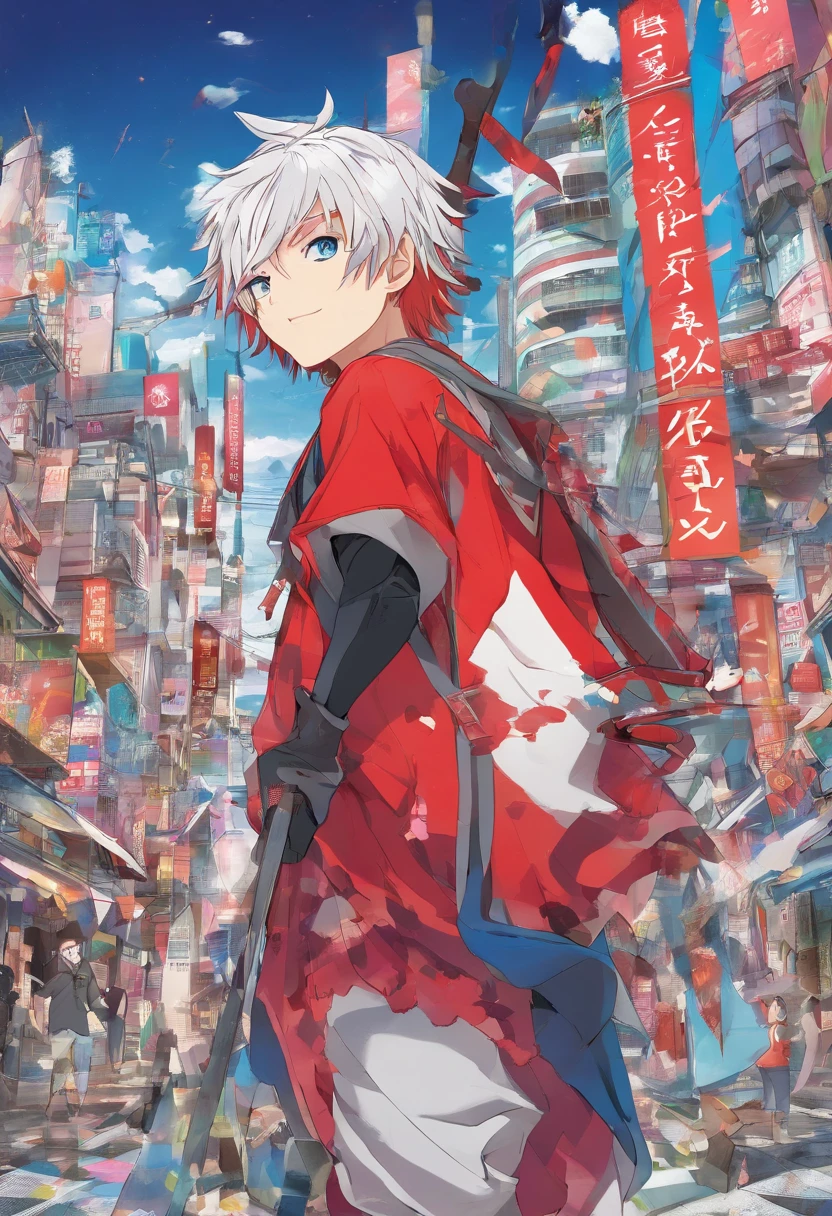 1 boy, (red hair), bright blue eyes, pointy ears, looking forwards, sword in hand pointed at camera, destroyed town in background, artsy, colorful, gritty, bloody, fully clothed, (closed checker pattern shirt), ((sharp eyes)), hero, sharp features, lanky, flat chin, long neck ((rigid hair)), (high quality), ((One Piece Wano arc art style))