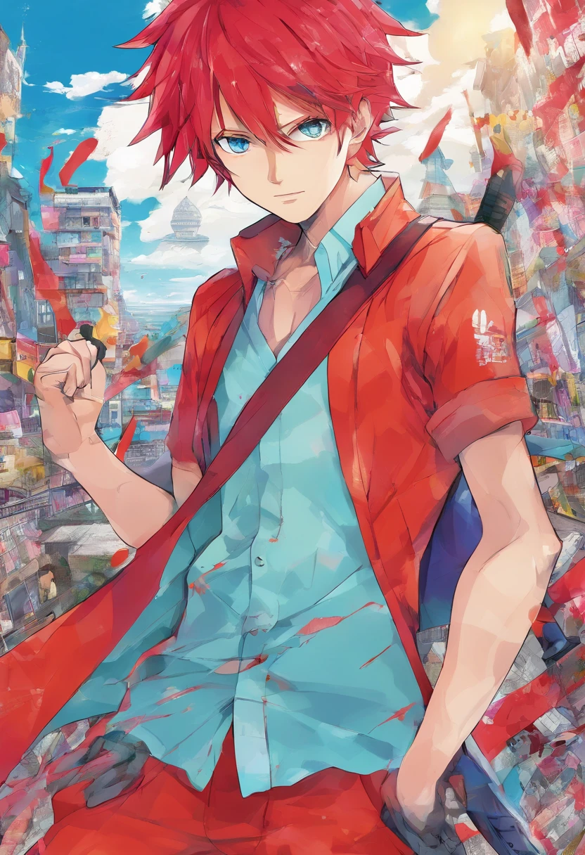 1 boy, (red hair), bright blue eyes, pointy ears, looking forwards, sword in hand pointed at camera, destroyed town in background, artsy, colorful, gritty, bloody, fully clothed, (closed checker pattern shirt), ((sharp eyes)), hero, sharp features, lanky, flat chin, long neck ((rigid hair)), (high quality), ((One Piece Wano arc art style))