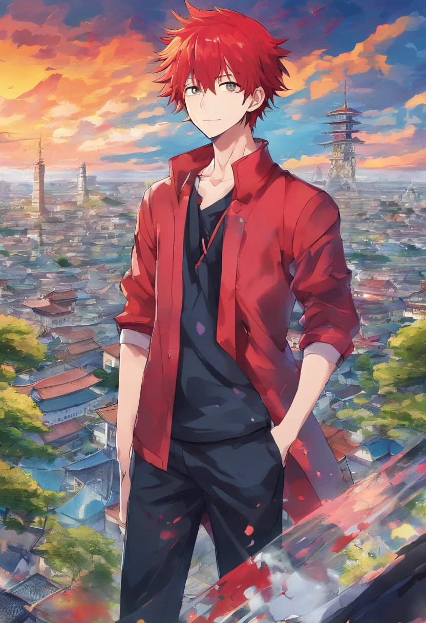 1 boy, (red hair), bright blue eyes, pointy ears, looking forwards, sword in hand pointed at camera, destroyed town in background, artsy, colorful, gritty, bloody, fully clothed, (closed checker pattern shirt), ((sharp eyes)), hero, sharp features, lanky, flat chin, long neck ((rigid hair)), (high quality), ((One Piece Wano arc art style))