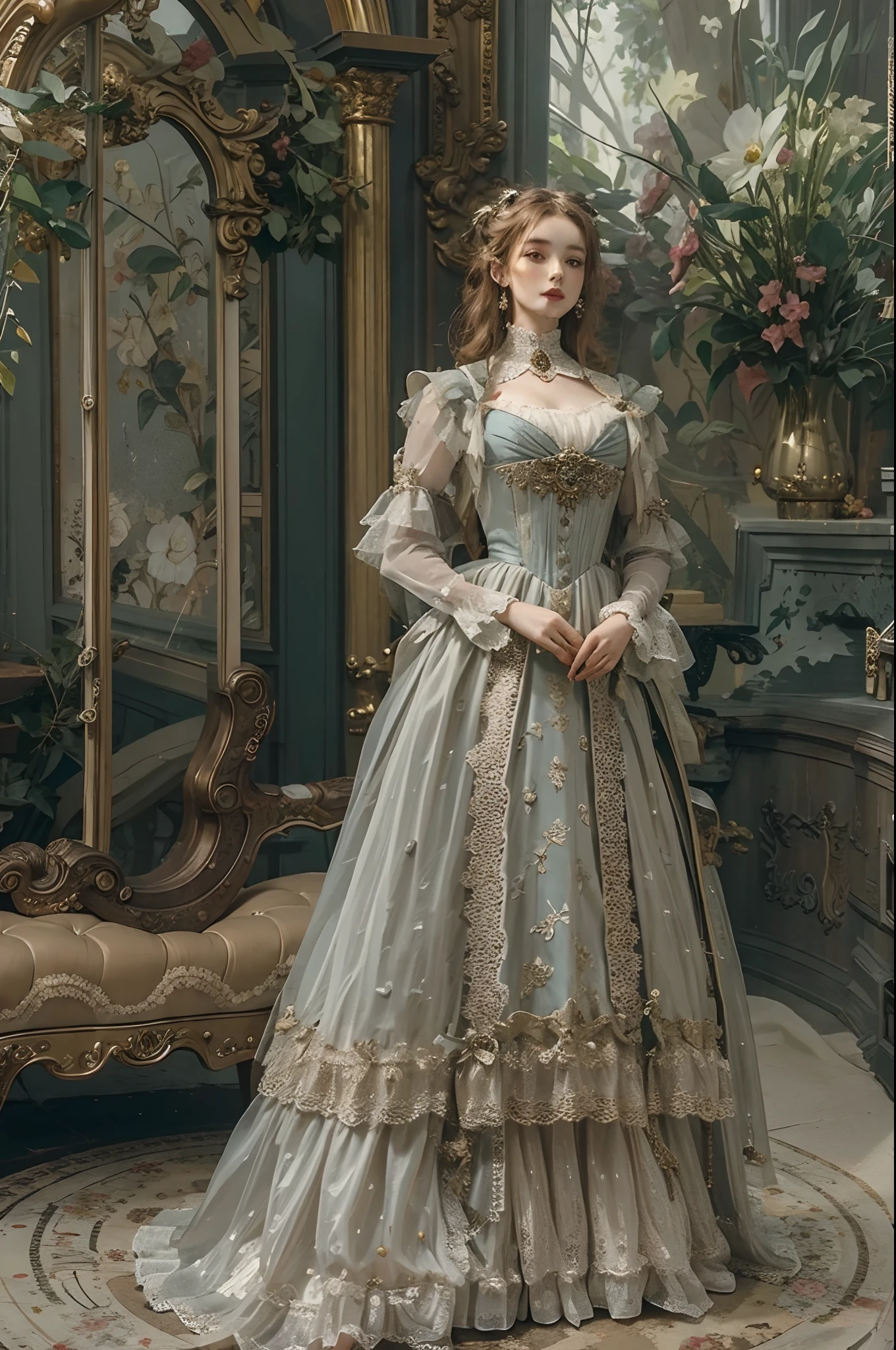 (masterpiece), (best quality), (perfect body), 1girl, stunning beauty, beautiful girl, Victorian Aesthetic Outfit, long dress, ancient