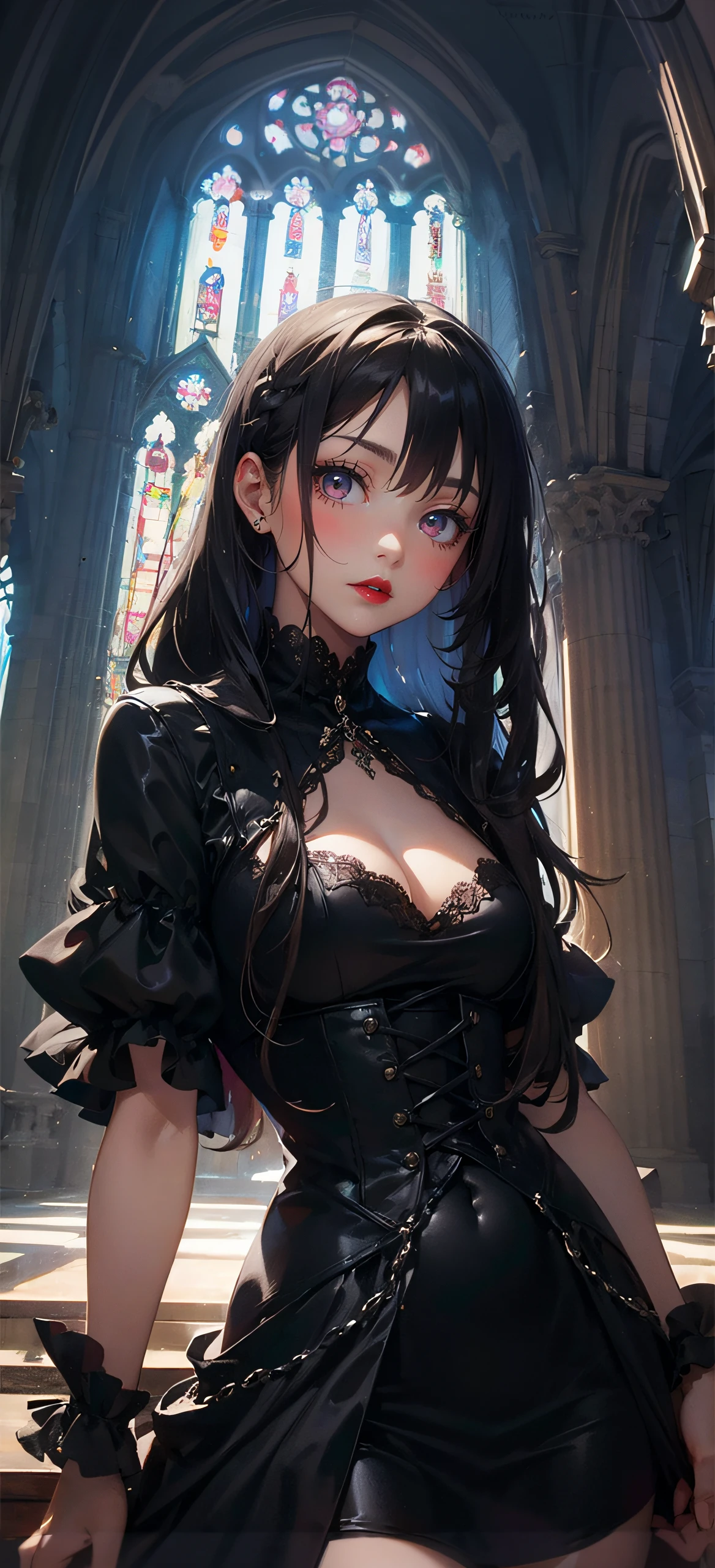 Anime - Stylistic image of a woman in a gothic dress in a church, Guviz-style artwork, Beautiful anime girl, Guweiz on ArtStation Pixiv, Guweiz in Pixiv ArtStation, gothic maiden anime girl, Detailed digital anime art, Guviz, seductive anime girls, Anime girl wearing black dress