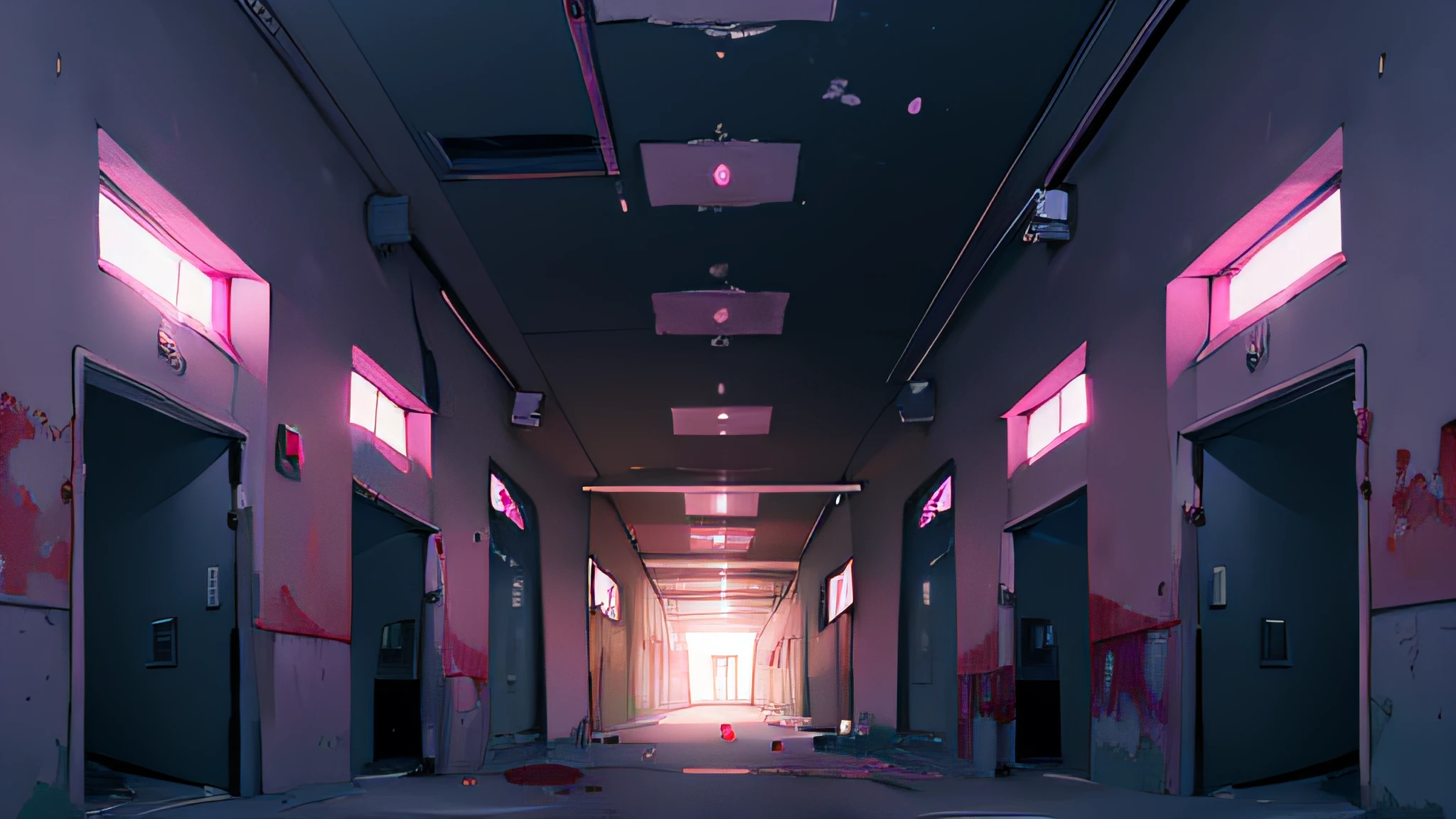 Pink abandoned hospital corridor，There is a vacant lot in front，Slight top-down angle，natta，blood vess，Scary atmosphere